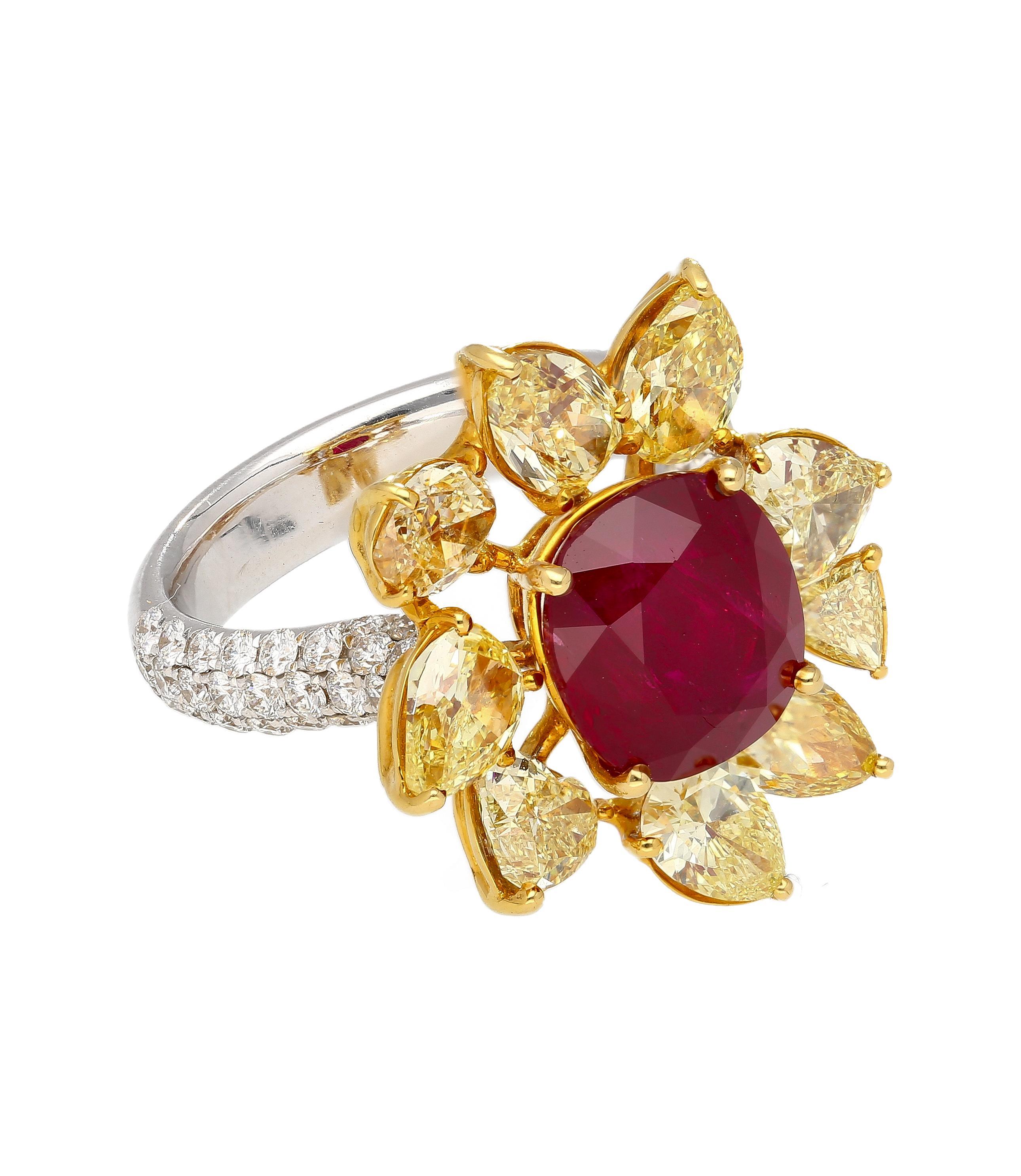 Women's 5.46 Carat Burma Ruby No Heat AGL Certified and Fancy Yellow Diamond Ring For Sale