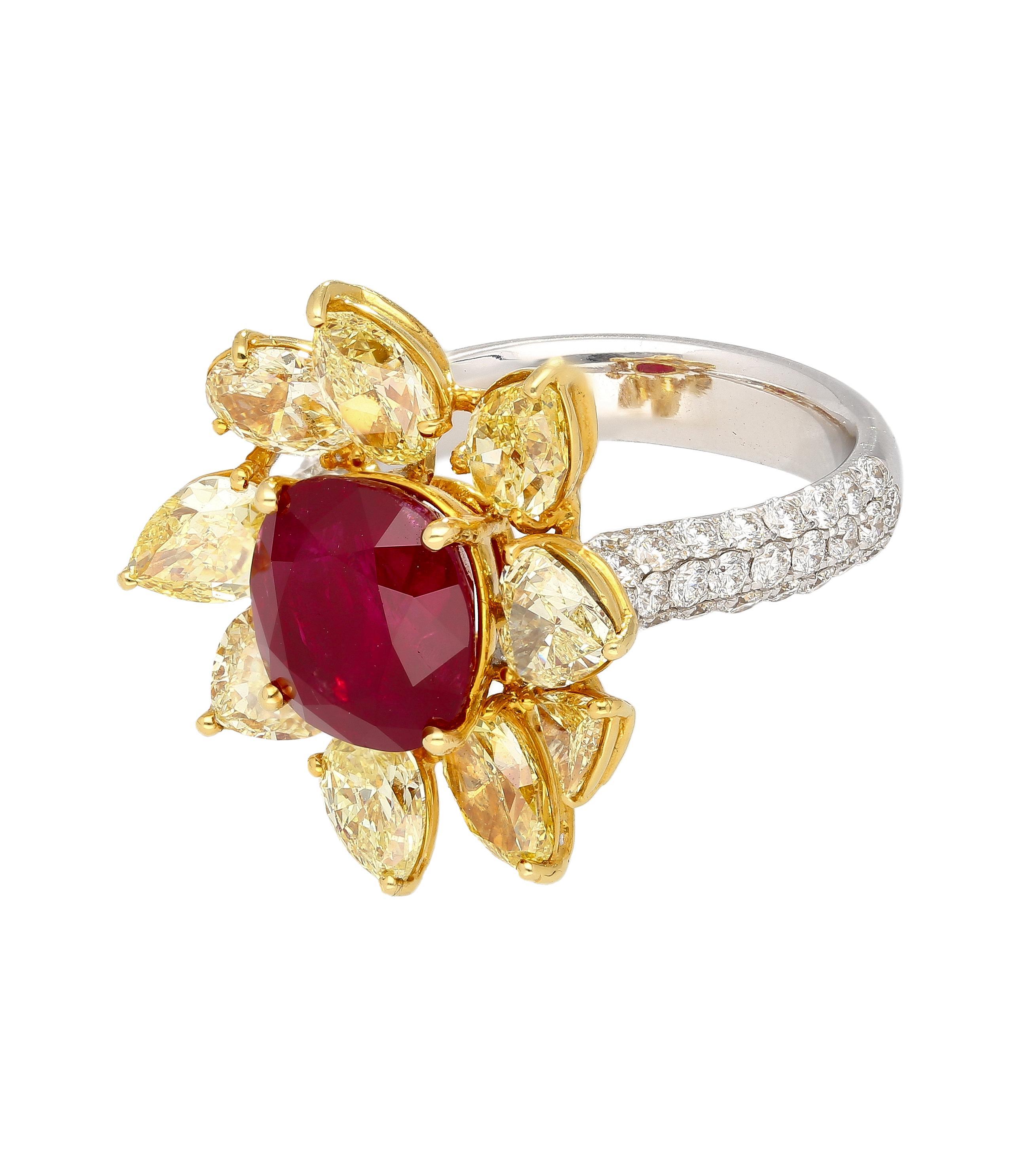 5.46 Carat Burma Ruby No Heat AGL Certified and Fancy Yellow Diamond Ring For Sale 1