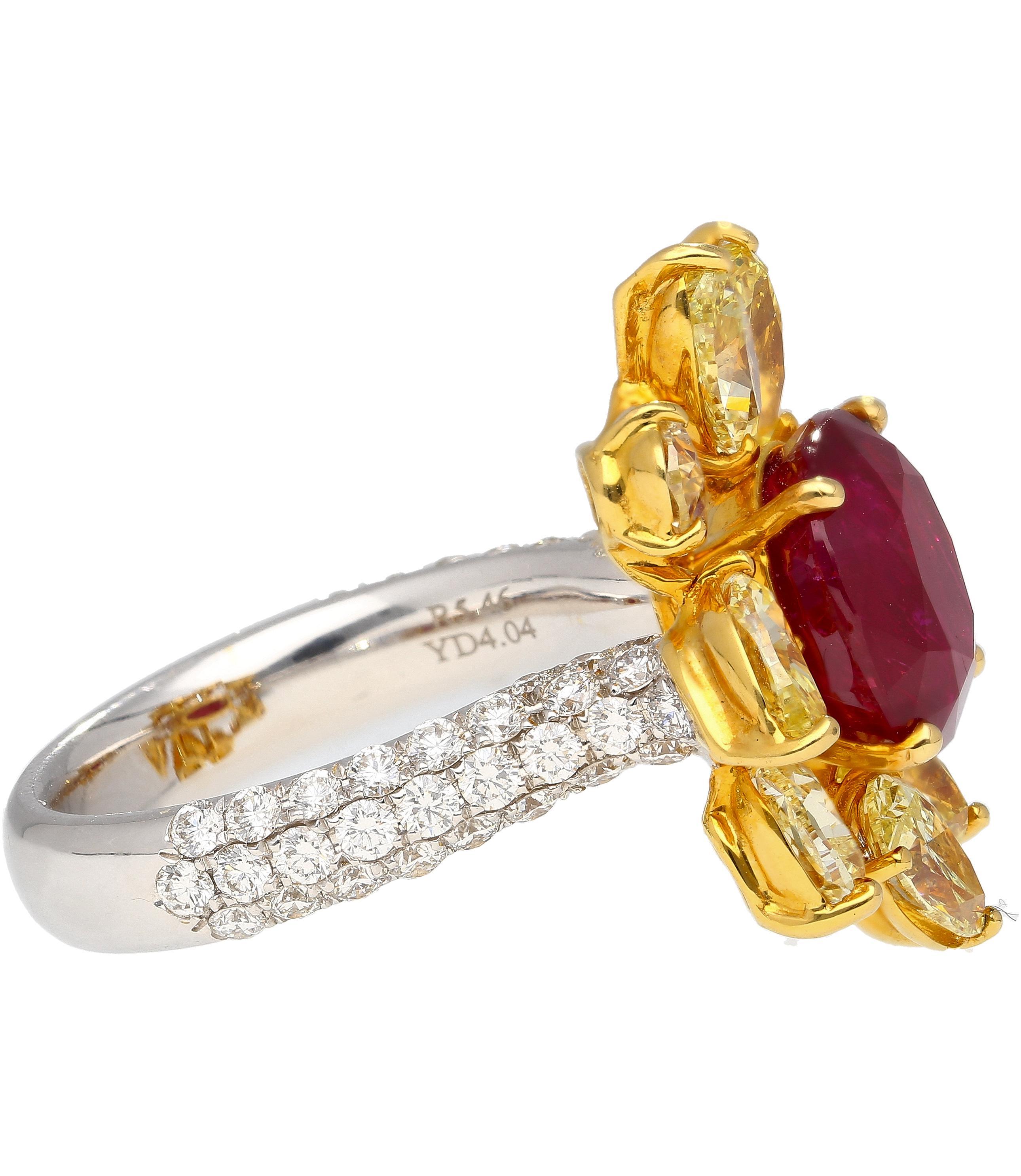 5.46 Carat Burma Ruby No Heat AGL Certified and Fancy Yellow Diamond Ring For Sale 2