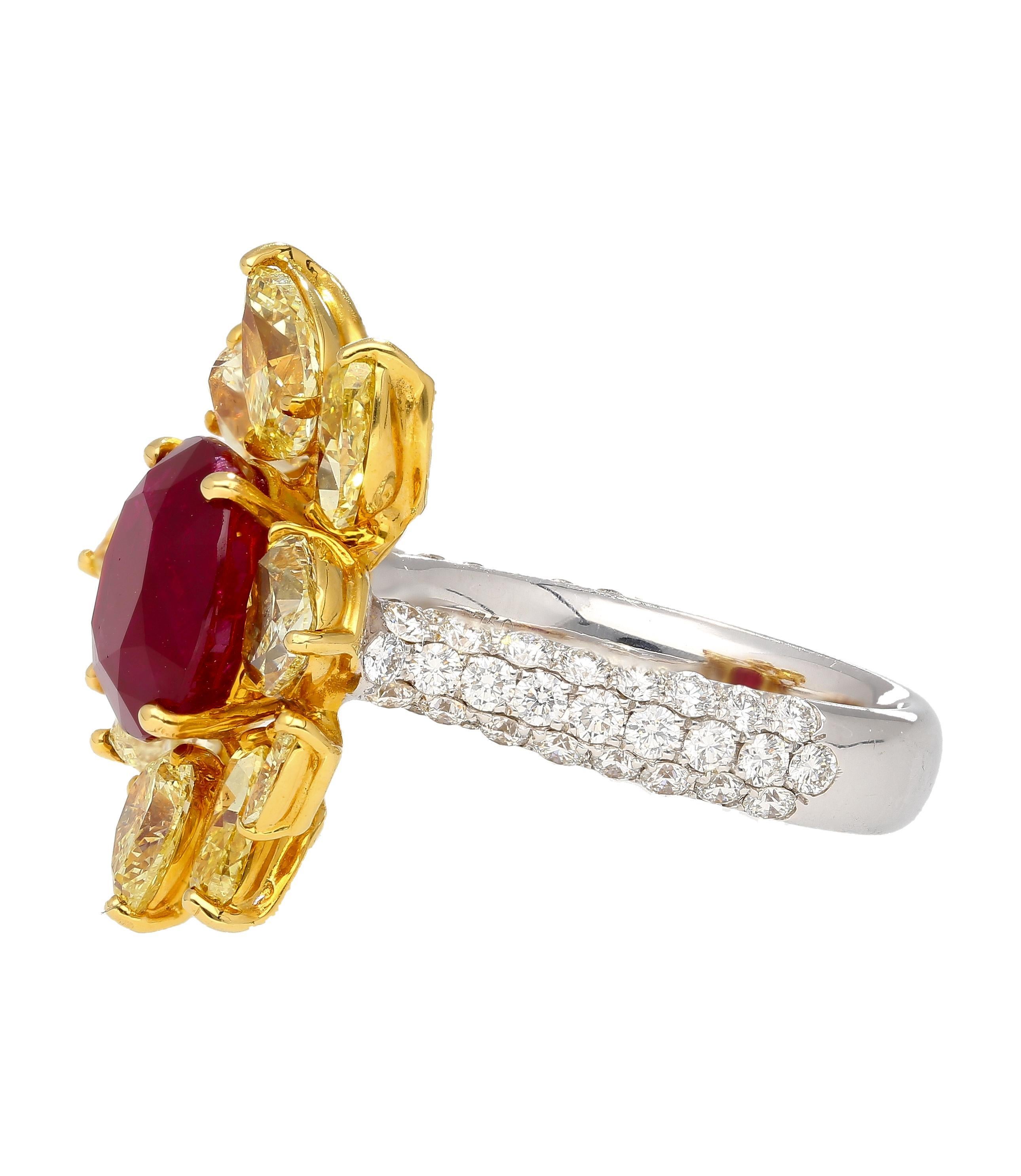 5.46 Carat Burma Ruby No Heat AGL Certified and Fancy Yellow Diamond Ring For Sale 3