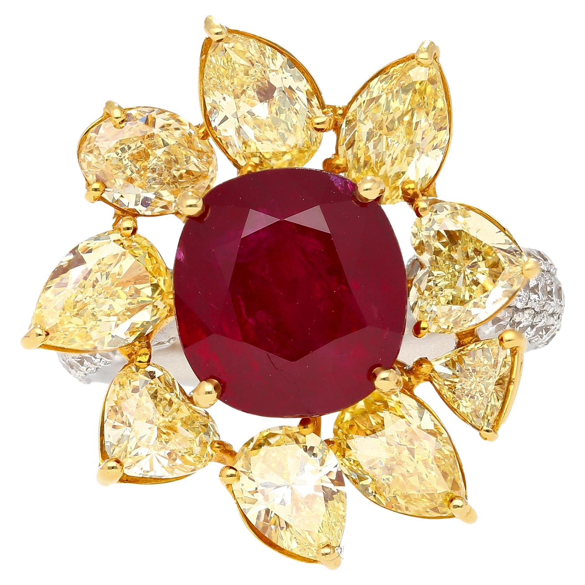 5.46 Carat Burma Ruby No Heat AGL Certified and Fancy Yellow Diamond Ring For Sale