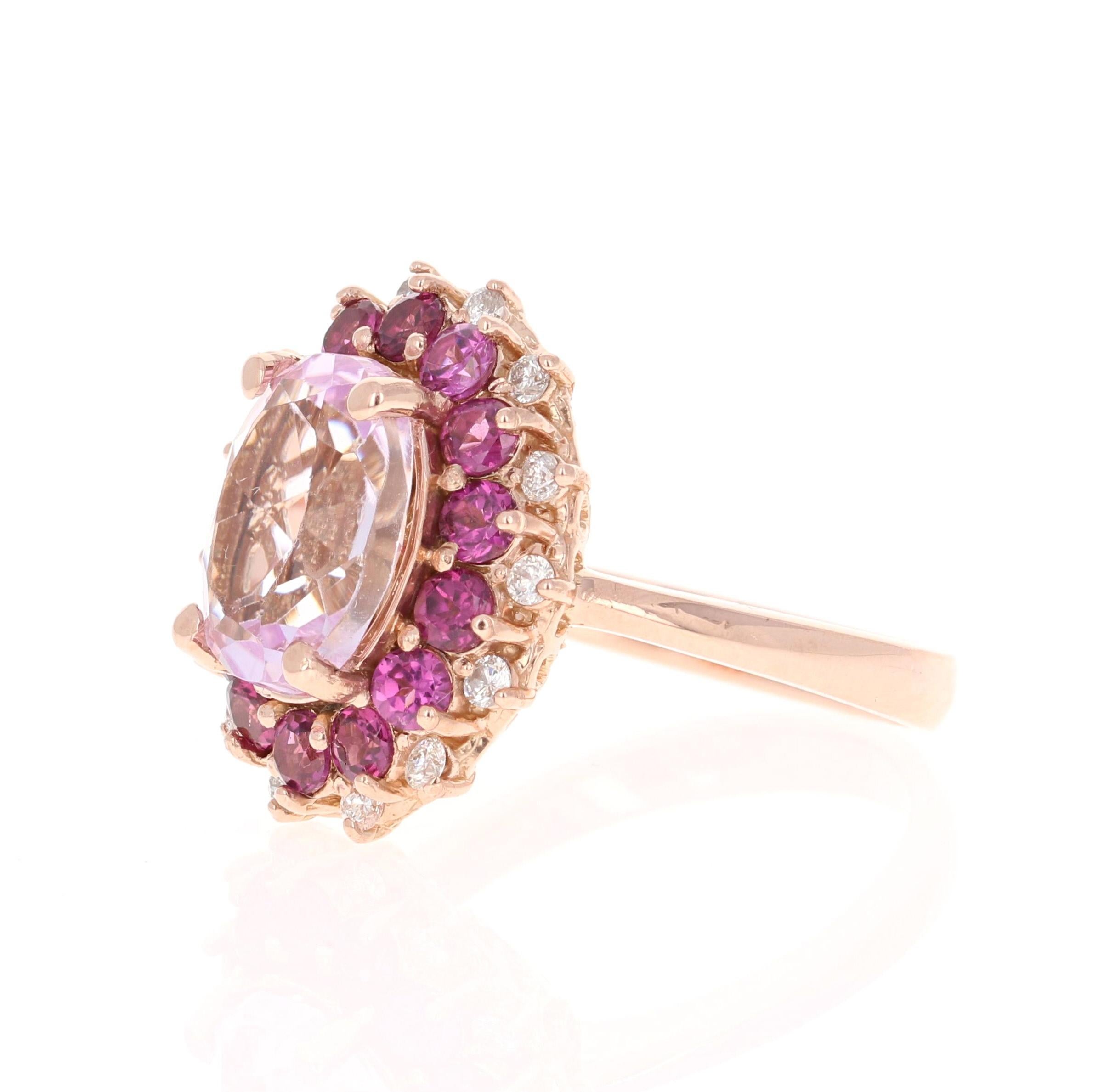 Contemporary 5.46 Carat Kunzite Diamond Garnet Rose Gold Cocktail Ring For Sale