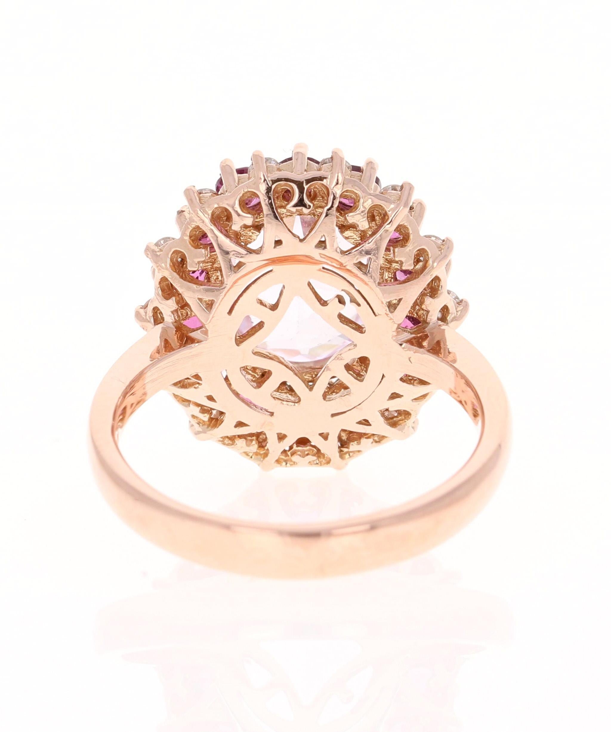 Oval Cut 5.46 Carat Kunzite Diamond Garnet Rose Gold Cocktail Ring For Sale