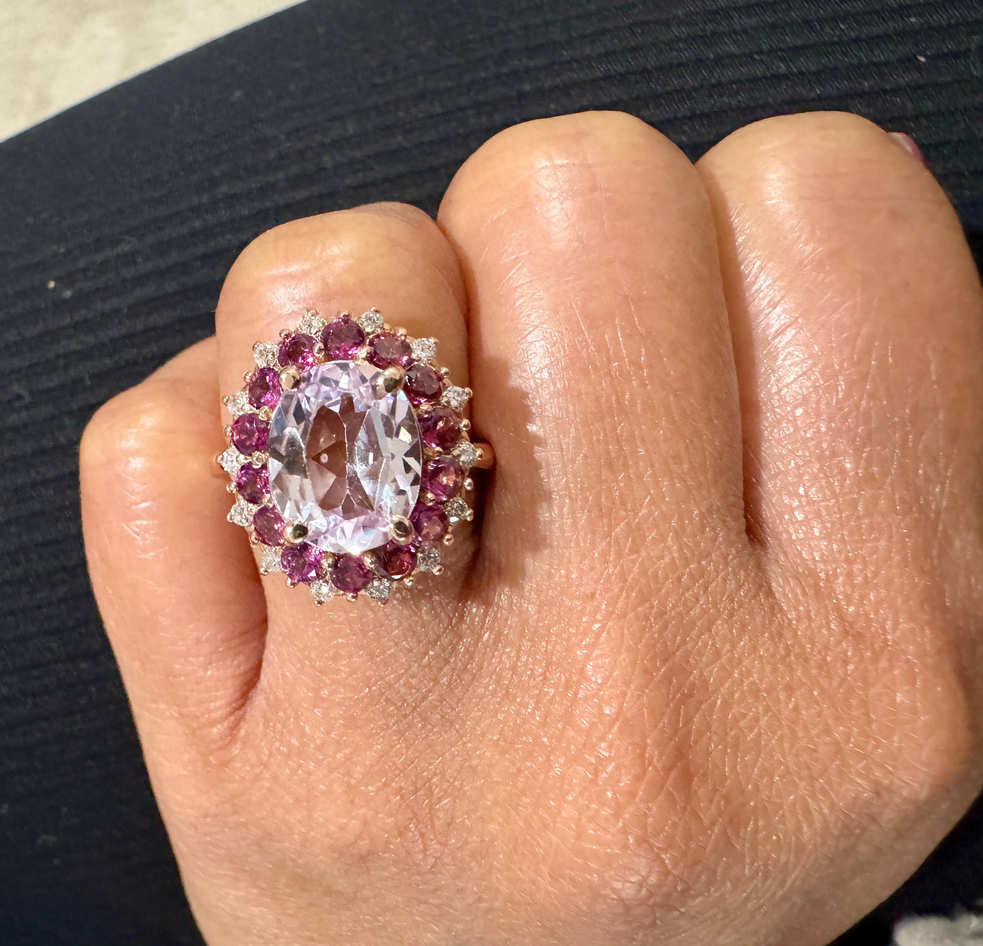 5.46 Carat Kunzite Diamond Garnet Rose Gold Cocktail Ring In New Condition For Sale In Los Angeles, CA
