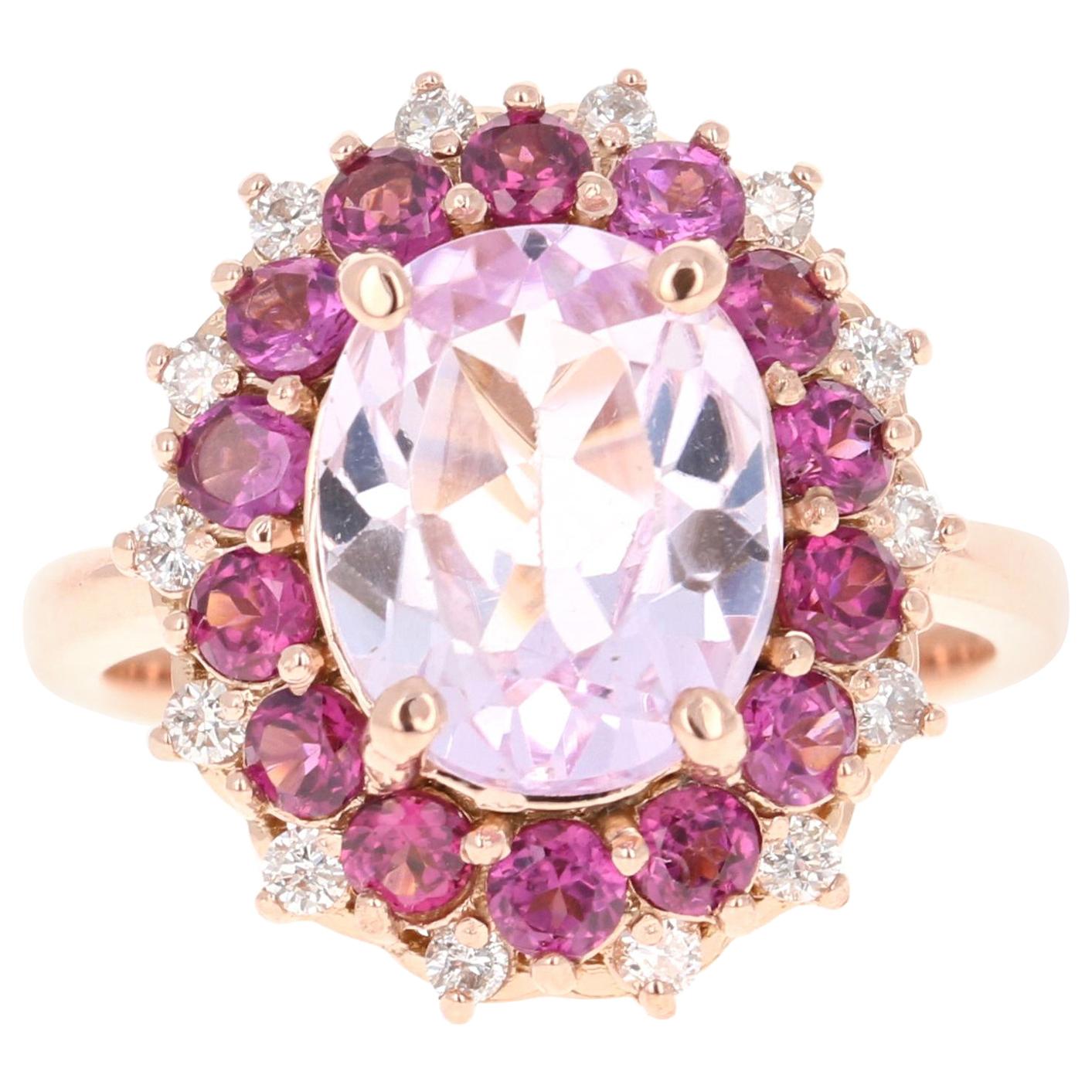 5.46 Carat Kunzite Diamond Garnet Rose Gold Cocktail Ring For Sale