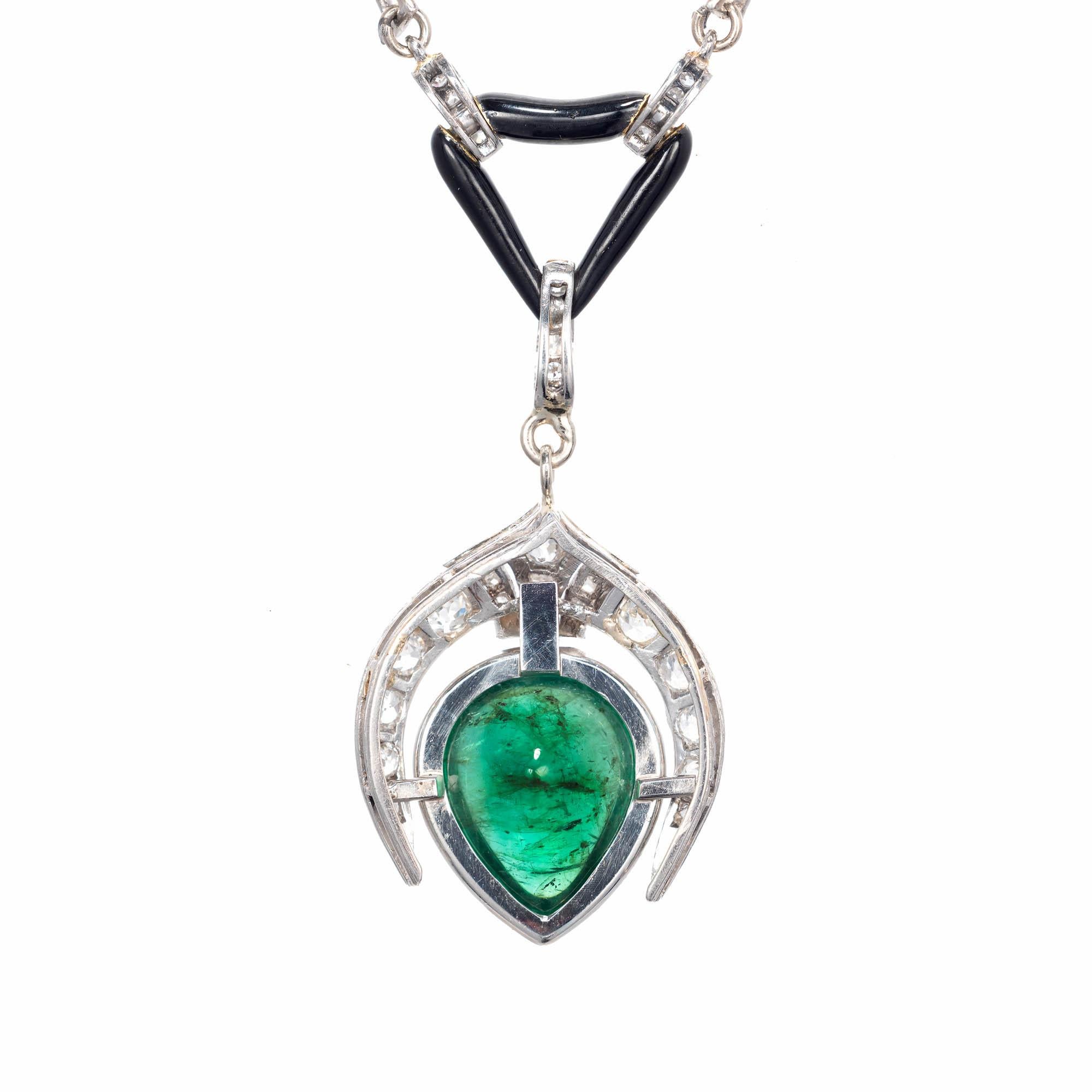 Pear Cut 5.46 Carat Pear Emerald Diamond Pearl Onyx Pendant Necklace For Sale