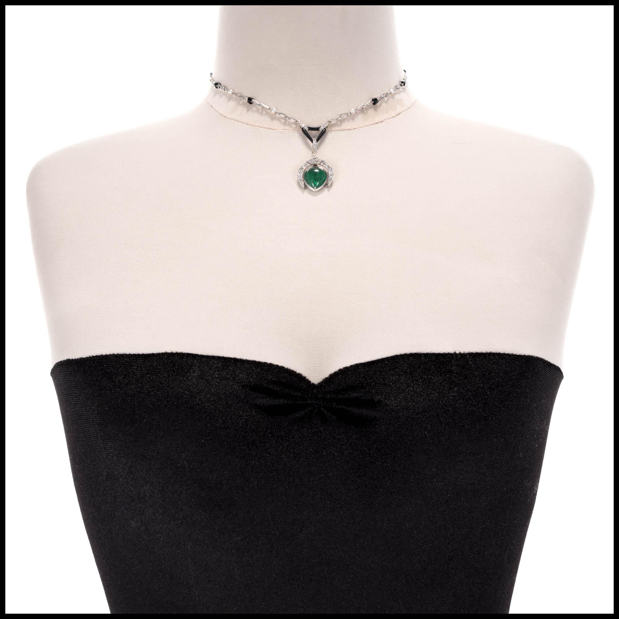 Women's 5.46 Carat Pear Emerald Diamond Pearl Onyx Pendant Necklace For Sale