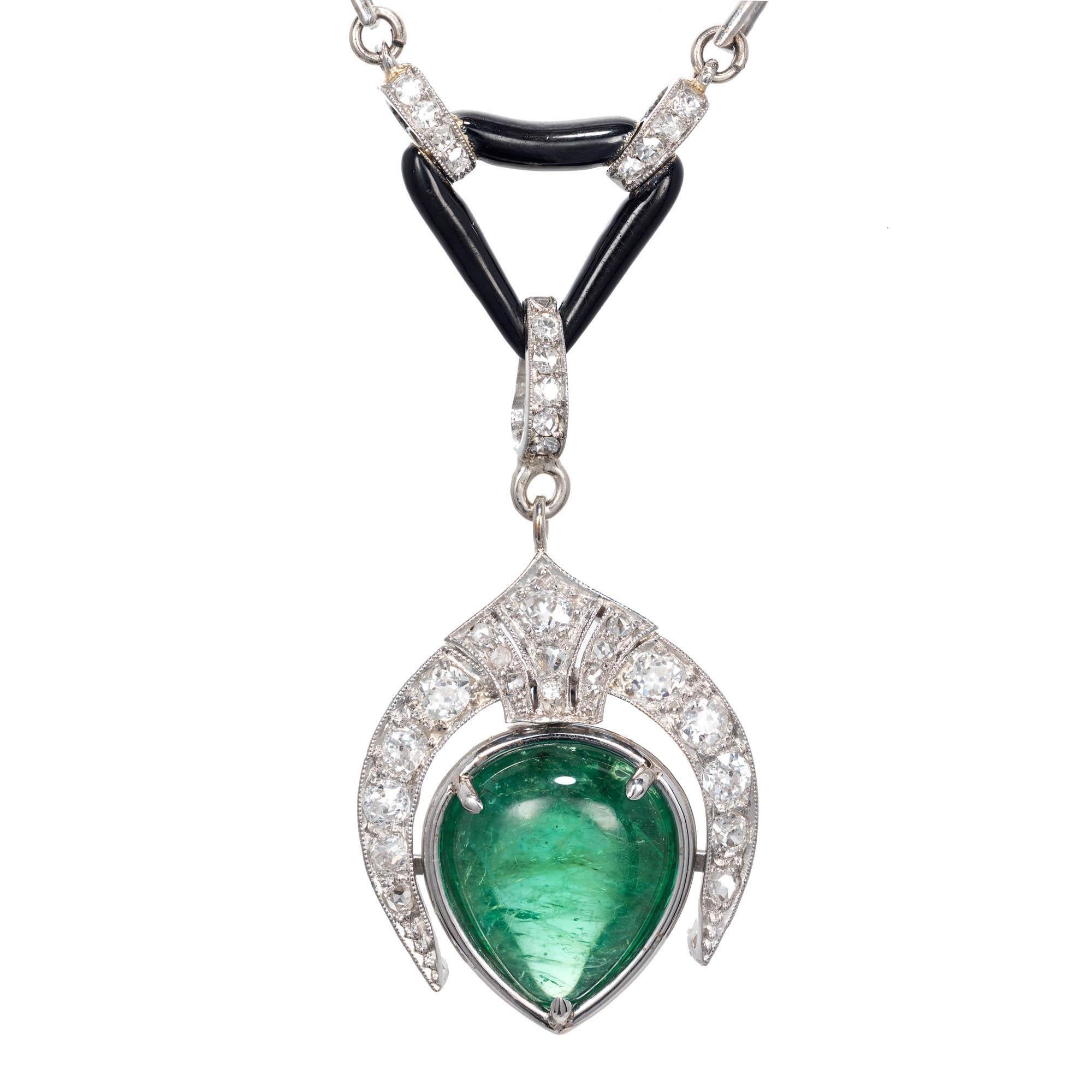 Collier pendentif en émeraude, diamant, perle et onyx en forme de poire de 5,46 carats