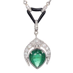 Antique 5.46 Carat Pear Emerald Diamond Pearl Onyx Pendant Necklace