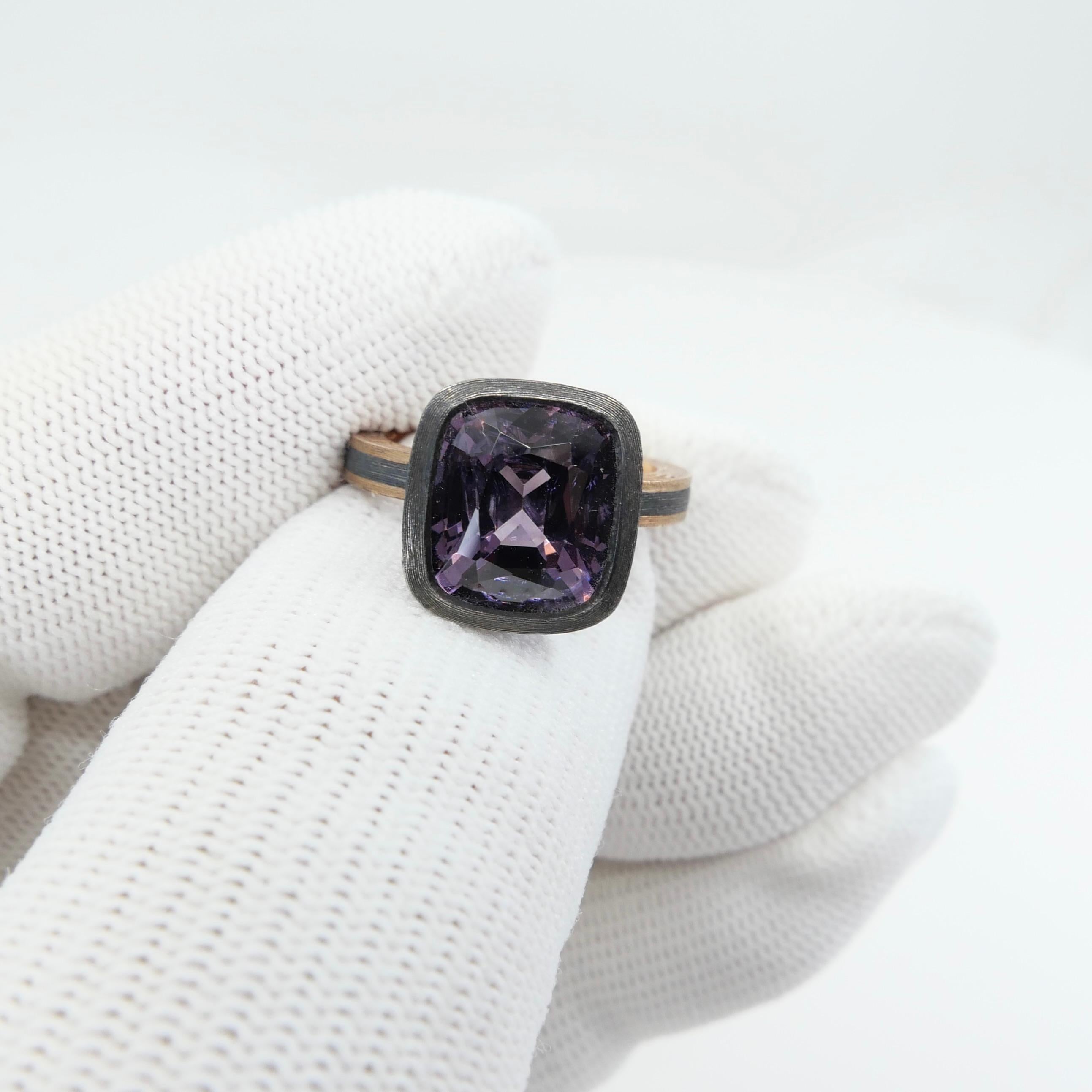 Cushion Cut 5.46 Carat Purple Spinel Ring Set in Combination of 18k Gold & 925 Silver For Sale