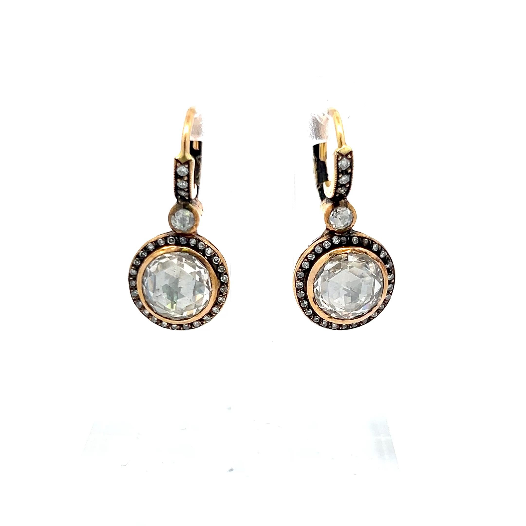 Boucles d'oreilles à clip en or jaune 18K de 5,46 carats de diamants ronds et taillés en rose Pour femmes en vente