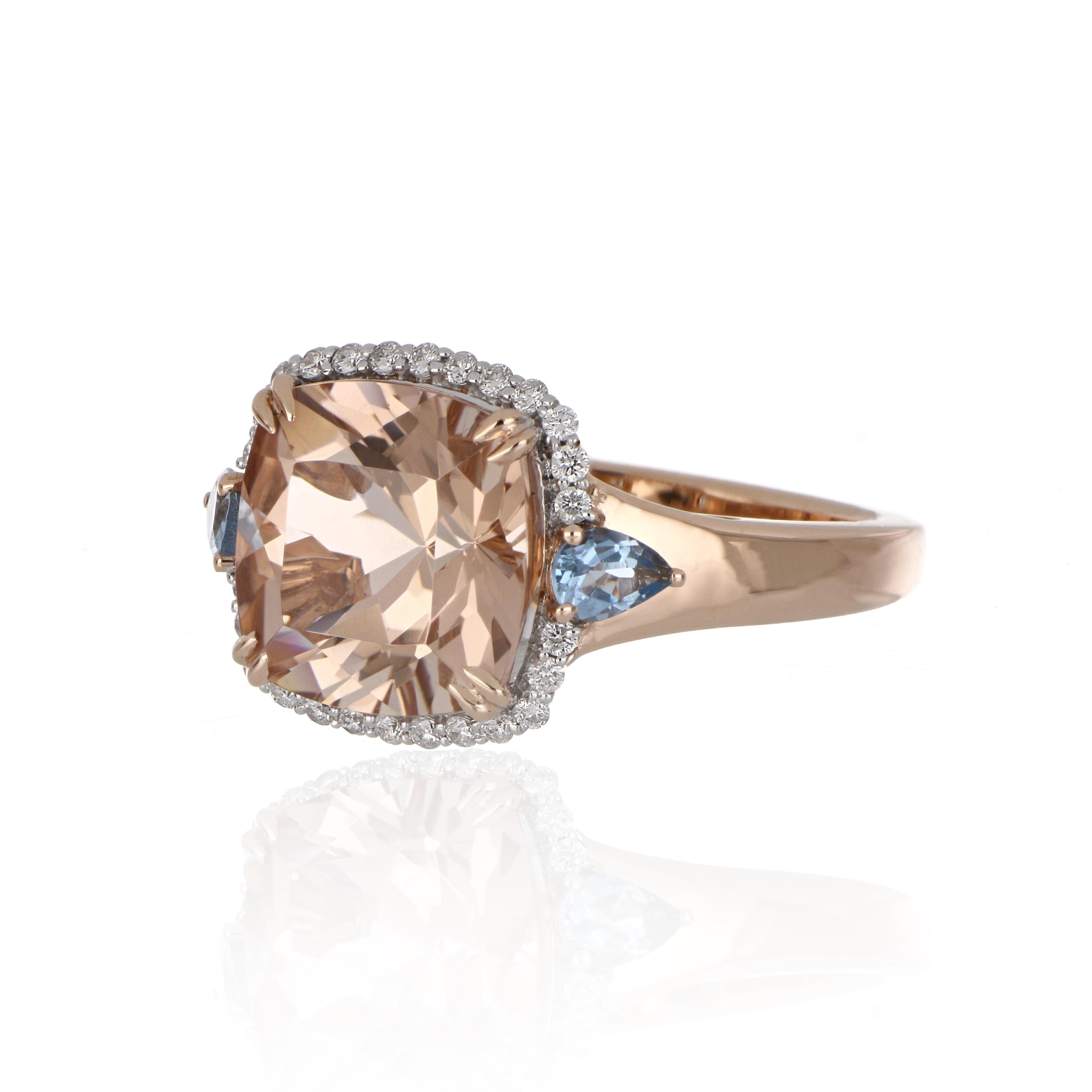 Contemporary 5.46 Carat Total Morganite and Aquamarine Ring with Diamonds in 14 Karat Gold