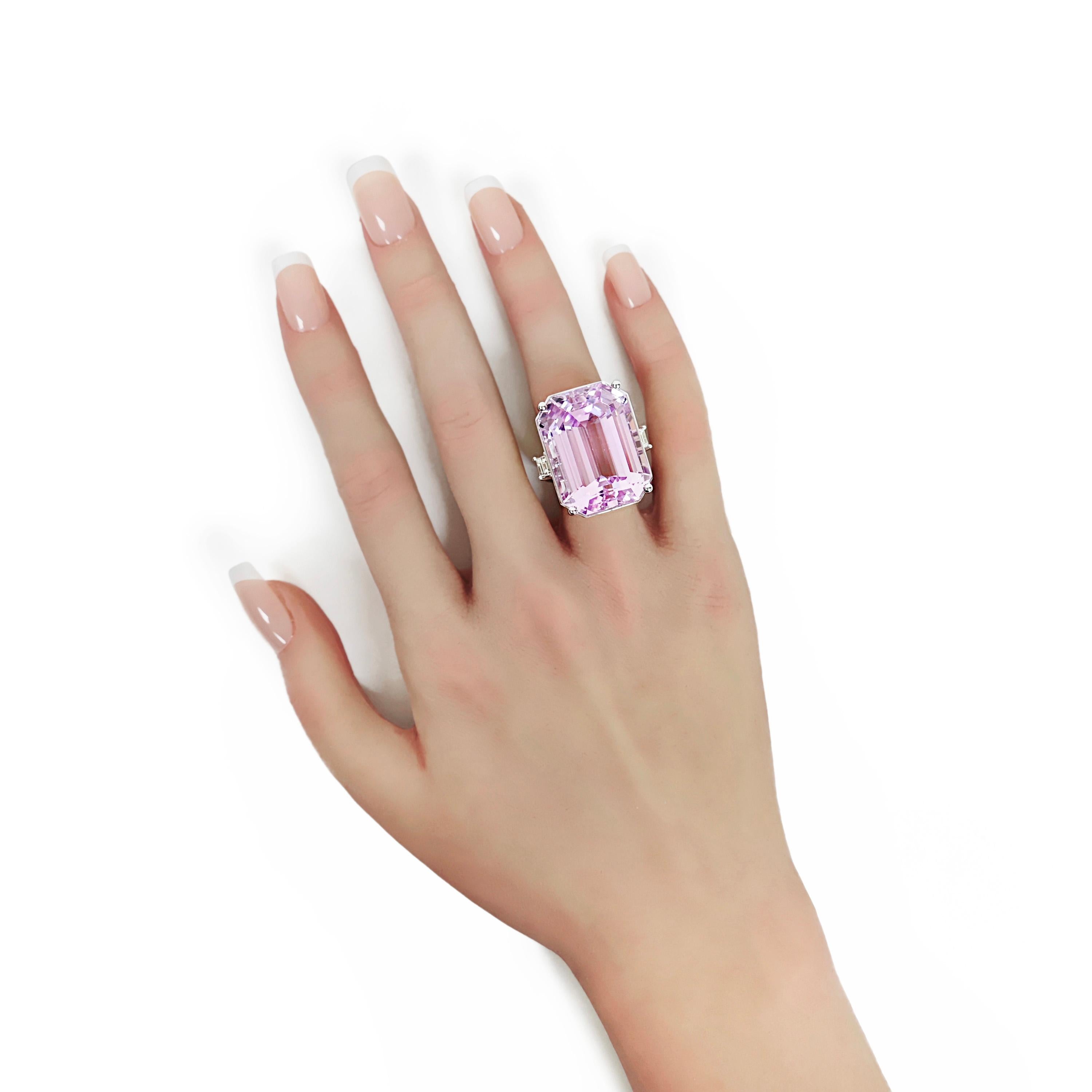 Mixed Cut 54.61 Carats Kunzite and White Diamond White Gold Cocktail Ring For Sale