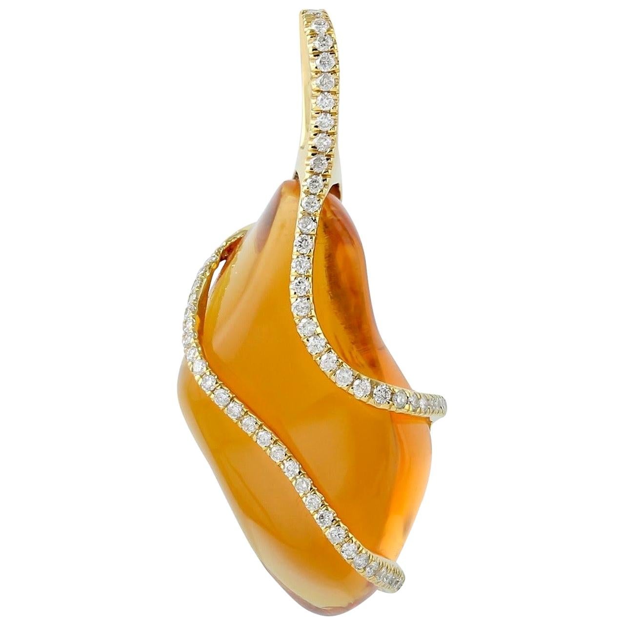 Mixed Cut 26.57 Carat Fire Opal Diamond 18 Karat Gold Pendant Necklace For Sale