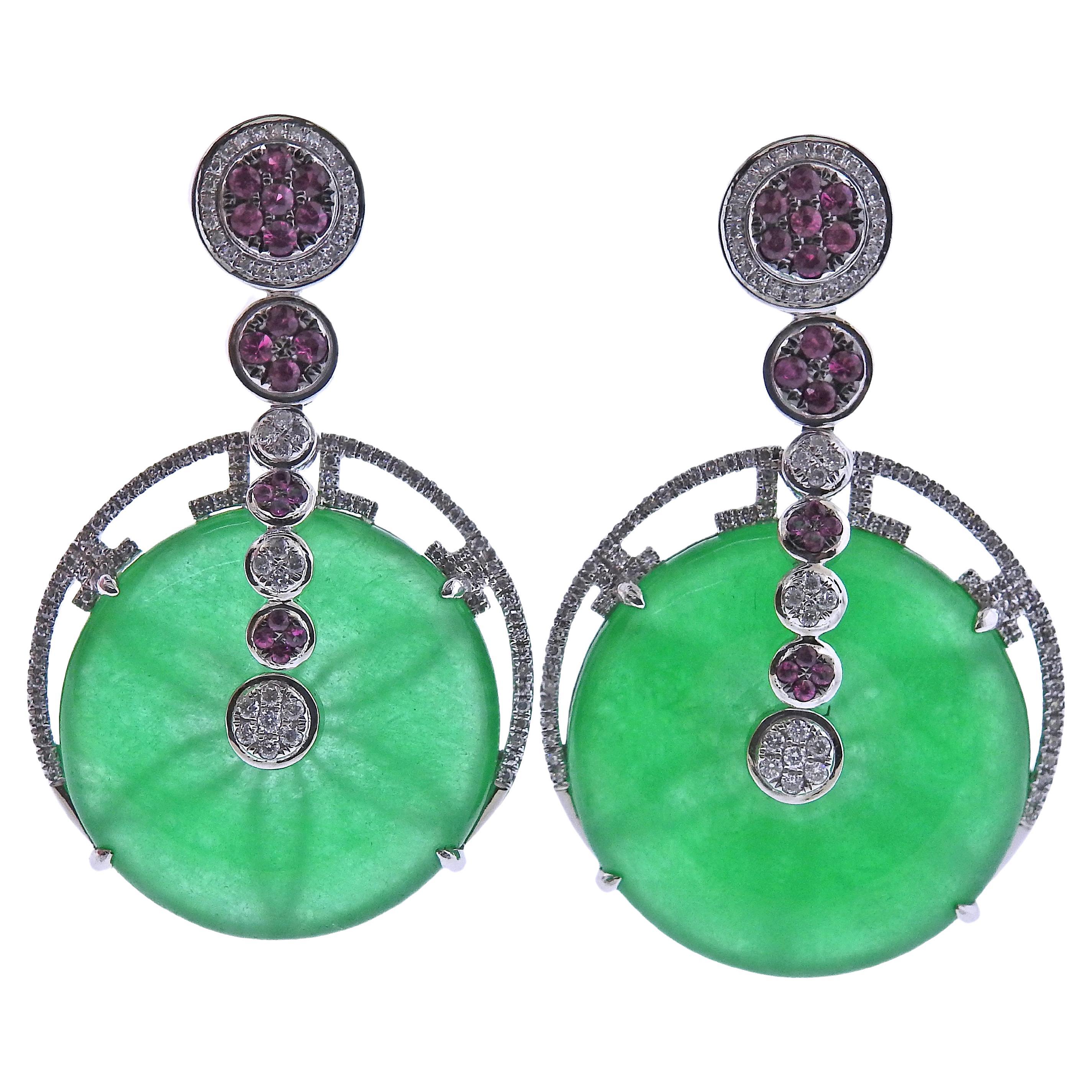 54.69ctw Jadeite Jade Diamond Pink Sapphire Gold Drop Earrings For Sale