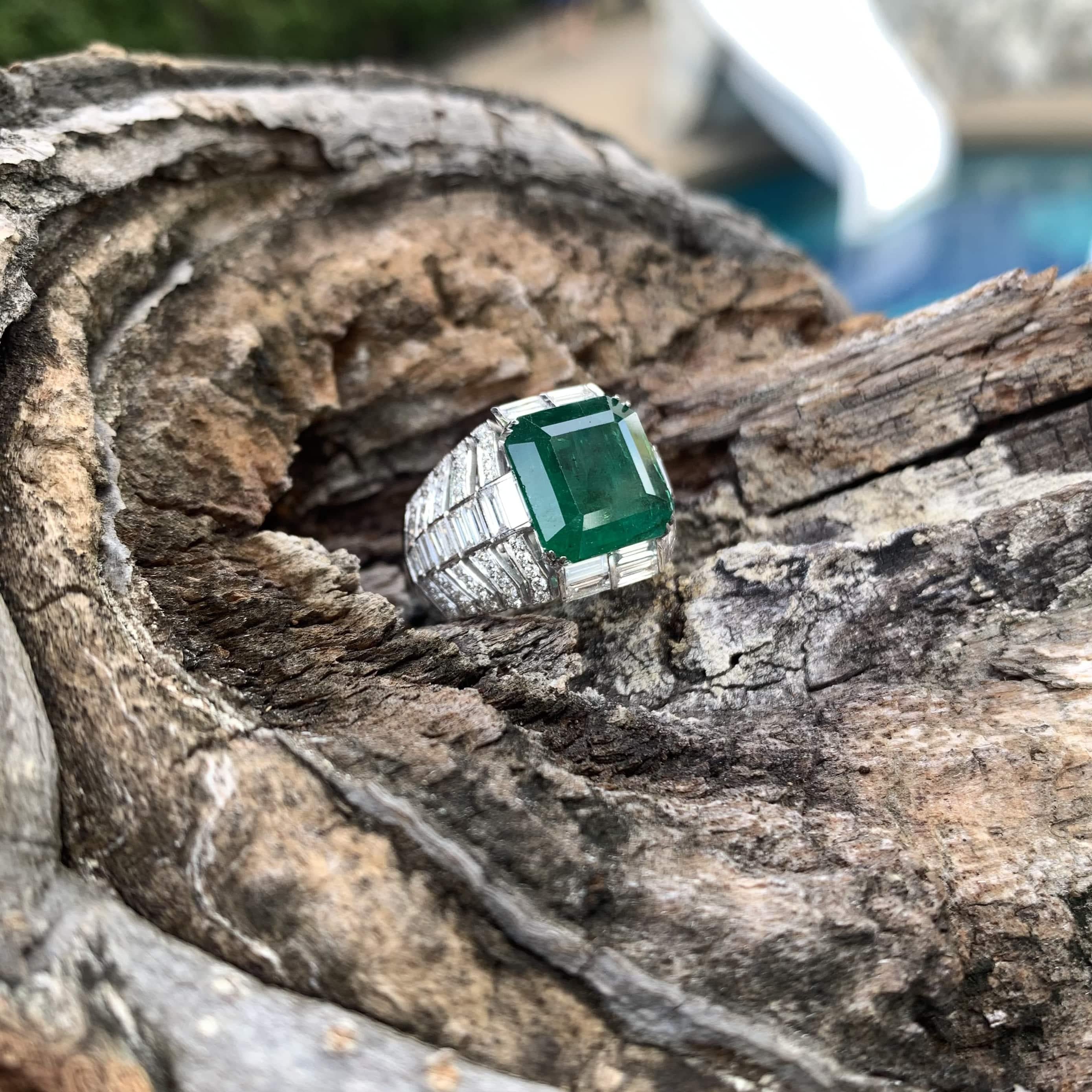 Emerald Cut GIA Certified 5.47 Carat Zambian Emerald Diamond 18K Gold Ring  For Sale