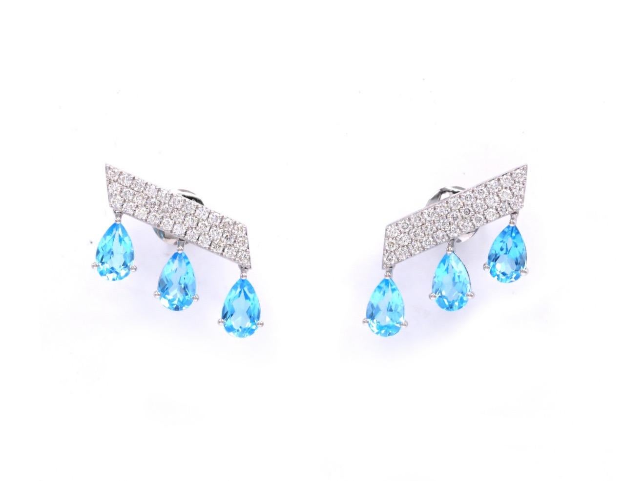 Contemporary 5.47 Carat Blue Topaz 1.03 Round Diamonds 18 Karat White Gold Earrings For Sale