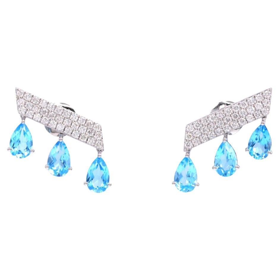 5.47 Carat Blue Topaz 1.03 Round Diamonds 18 Karat White Gold Earrings For Sale