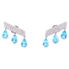 5.47 Carat Blue Topaz 1.03 Round Diamonds 18 Karat White Gold Earrings