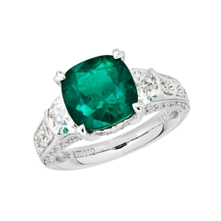 5.47 Carat Cushion Cut Colombian Emerald and Diamond Ring in 18 Karat Gold For Sale