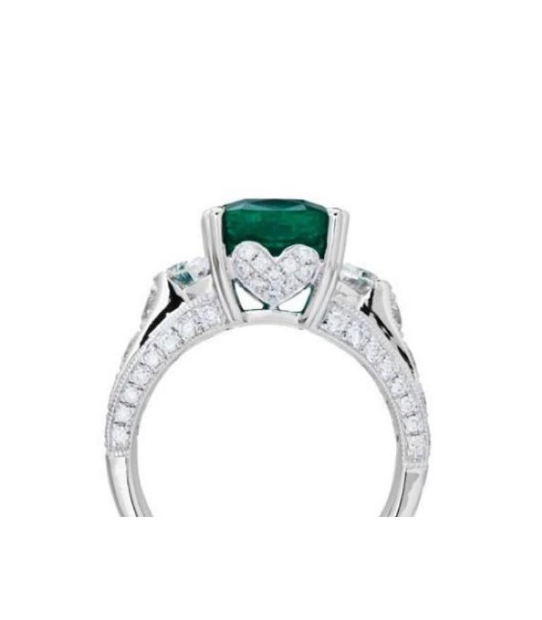 Women's 5.47 Carat Cushion Cut Colombian Emerald and Diamond Ring in 18 Karat Gold For Sale