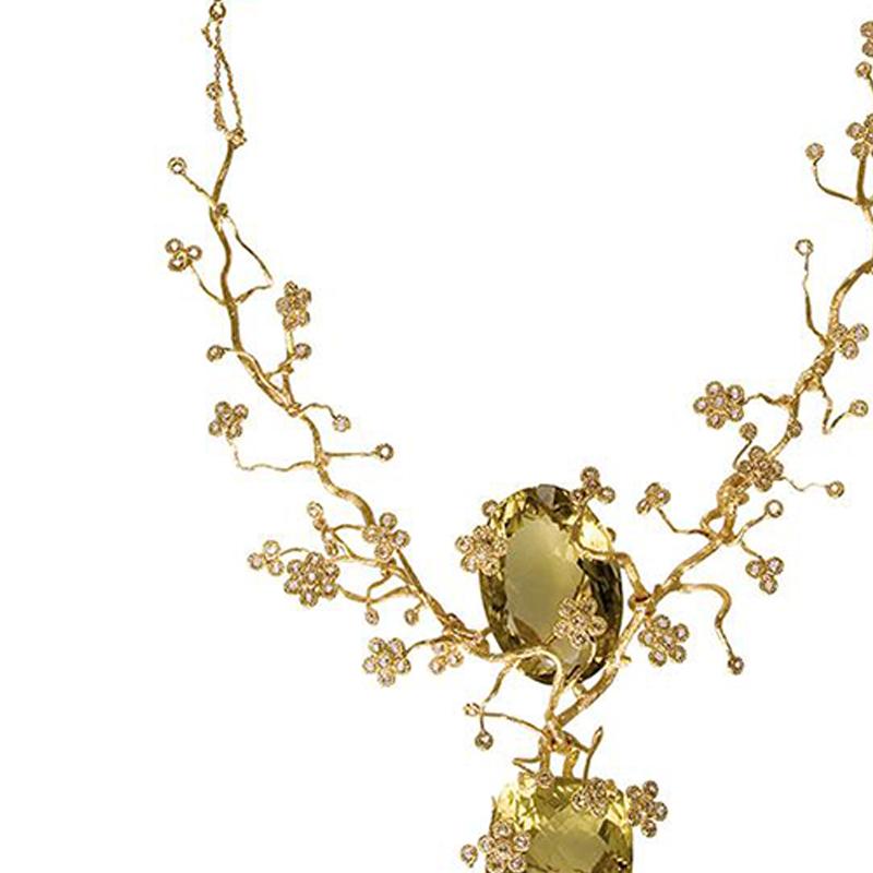 Einzigartige Baum-Halskette mit Diamanten im Rosenschliff, Zitronenquarz und 20 Karat Gelbgold. Die Halskette besteht aus 5,47 Karat Diamanten und 20 Karat Gelbgold.