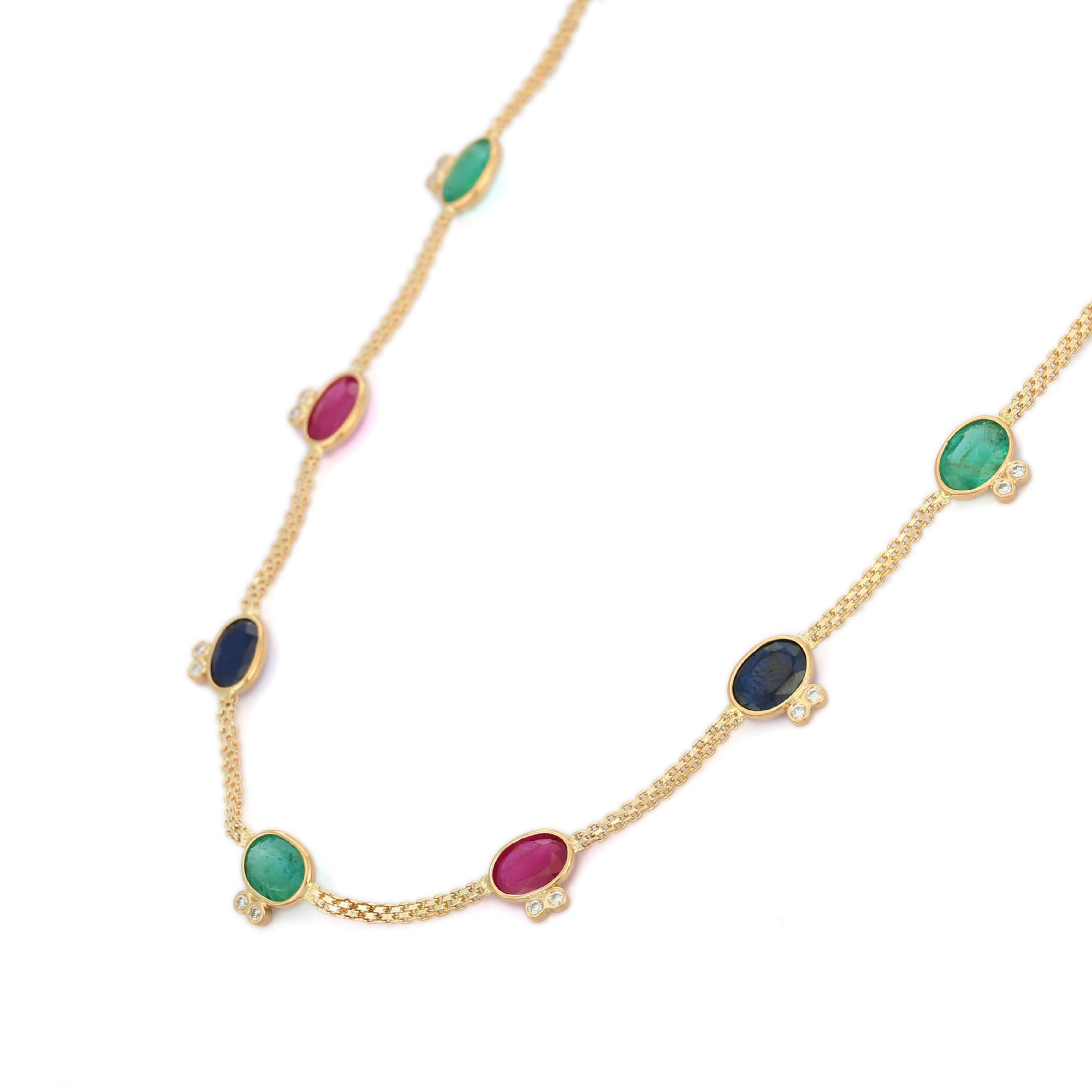 Multi-Edelstein-Halskette aus 18-karätigem Gold, besetzt mit Smaragden, Rubinen, Saphiren und Diamanten im Achteckschliff.
Ergänzen Sie Ihren Look mit dieser eleganten Perlenkette mit mehreren Edelsteinen. Dieses atemberaubende Schmuckstück wertet