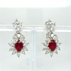 5.47 Carat Oval Cut Ruby Diamond Two Tone Gold Dangling Earrings