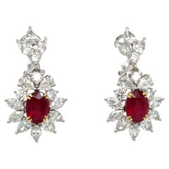5.47 Carat Oval Cut Ruby Diamond Two Tone Gold Dangling Earrings
