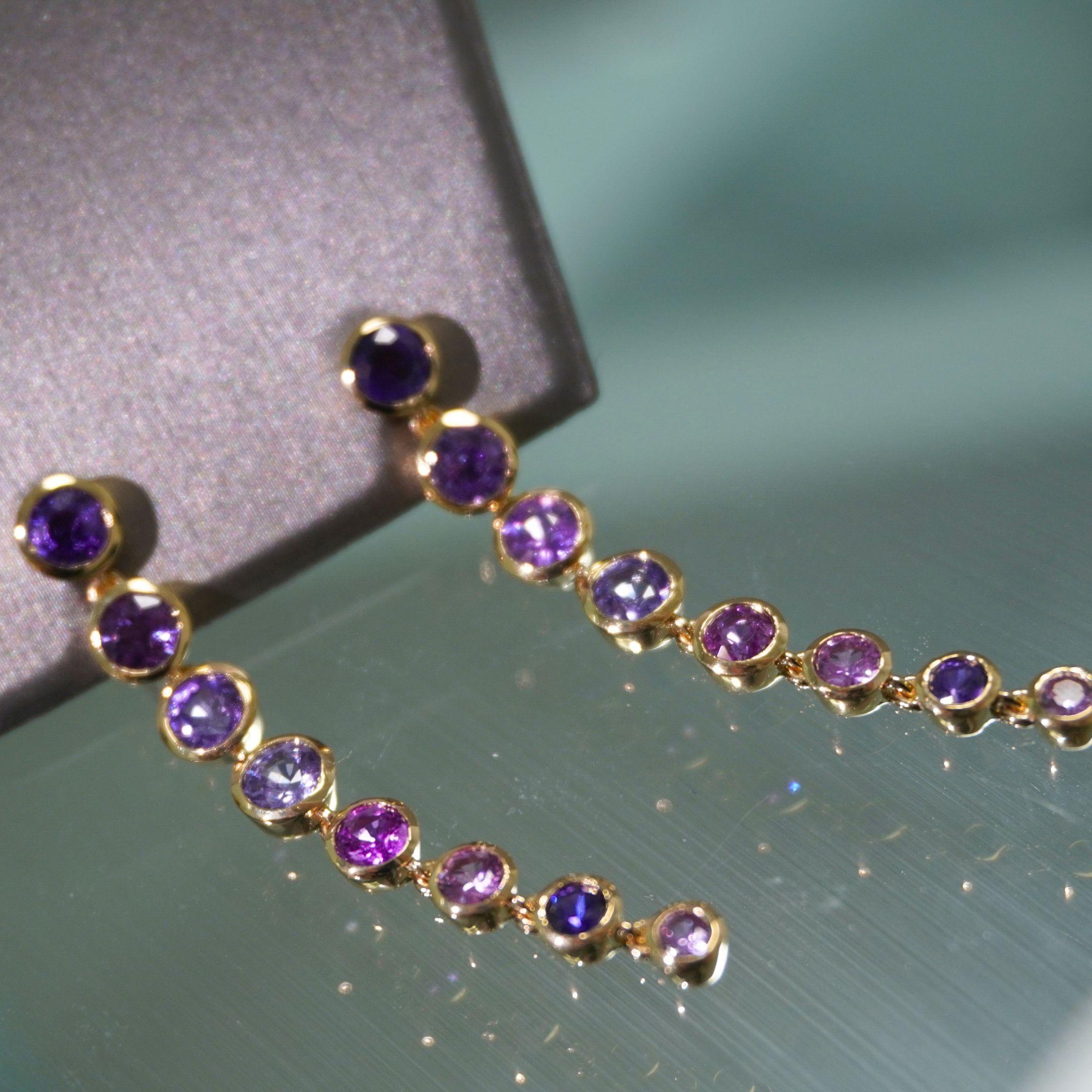 5.47 Carat Purple Sapphire Bezel Earrings, 18K Yellow Gold, 2 Inches In New Condition For Sale In New York, NY
