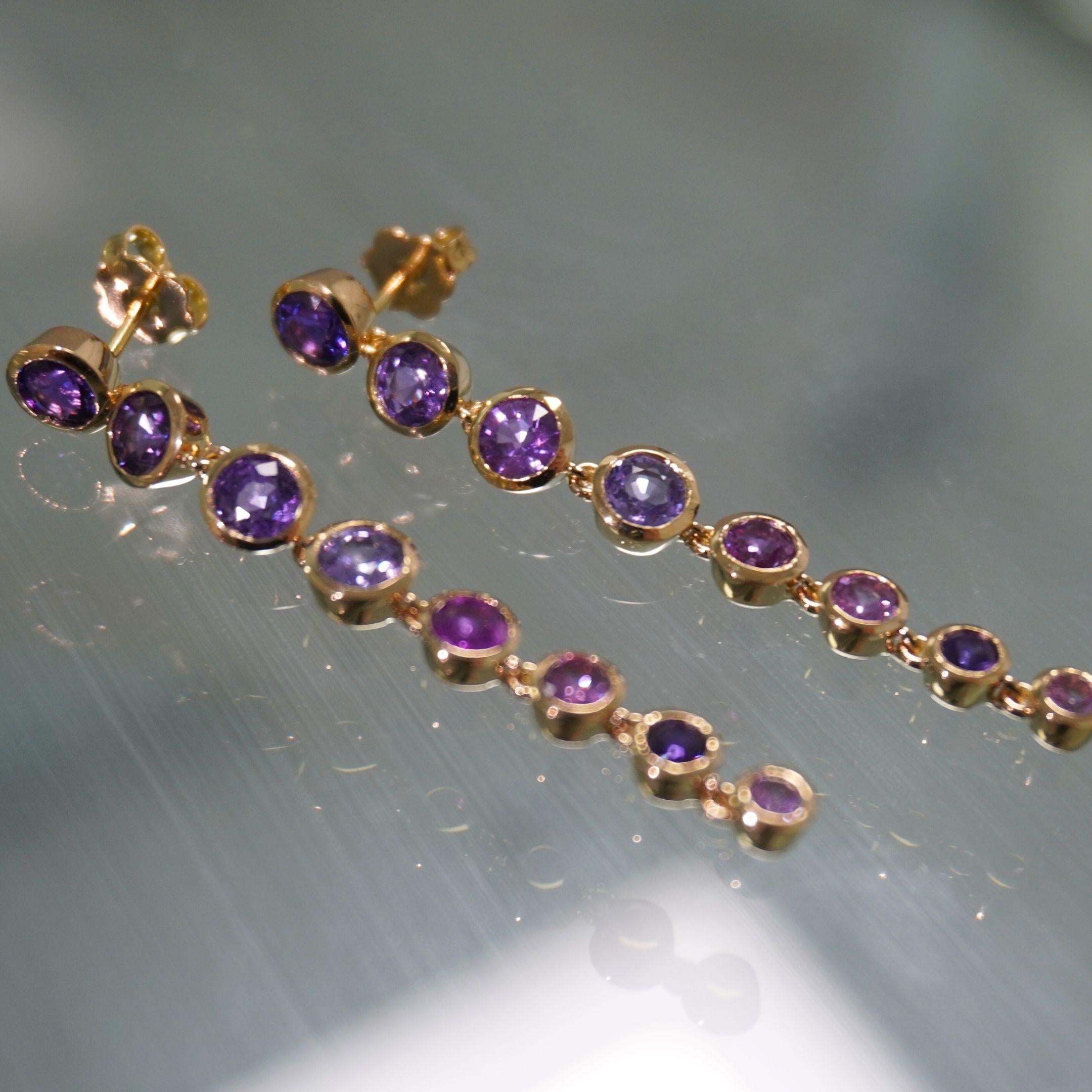 Women's 5.47 Carat Purple Sapphire Bezel Earrings, 18K Yellow Gold, 2 Inches For Sale