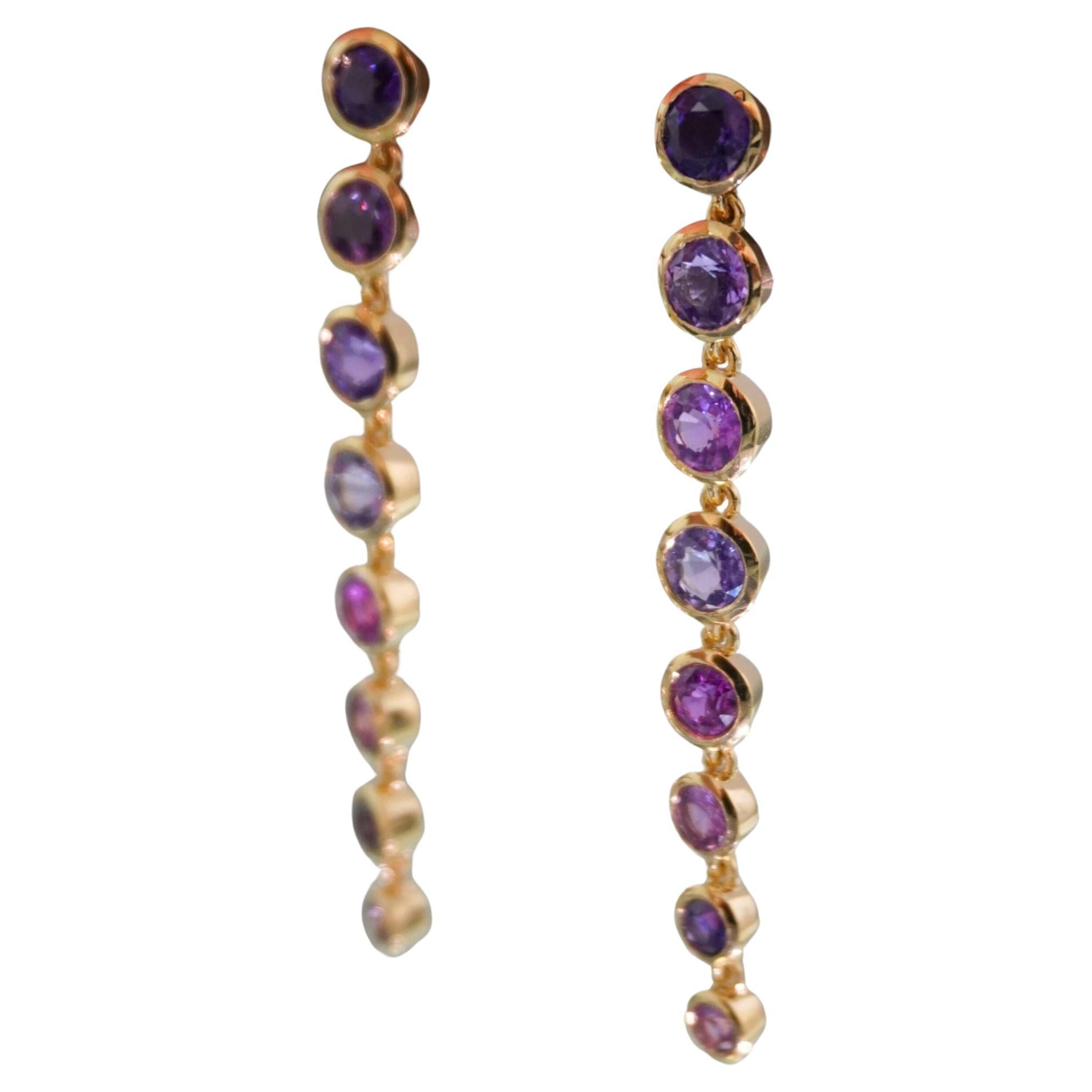 5.47 Carat Purple Sapphire Bezel Earrings, 18K Yellow Gold, 2 Inches For Sale