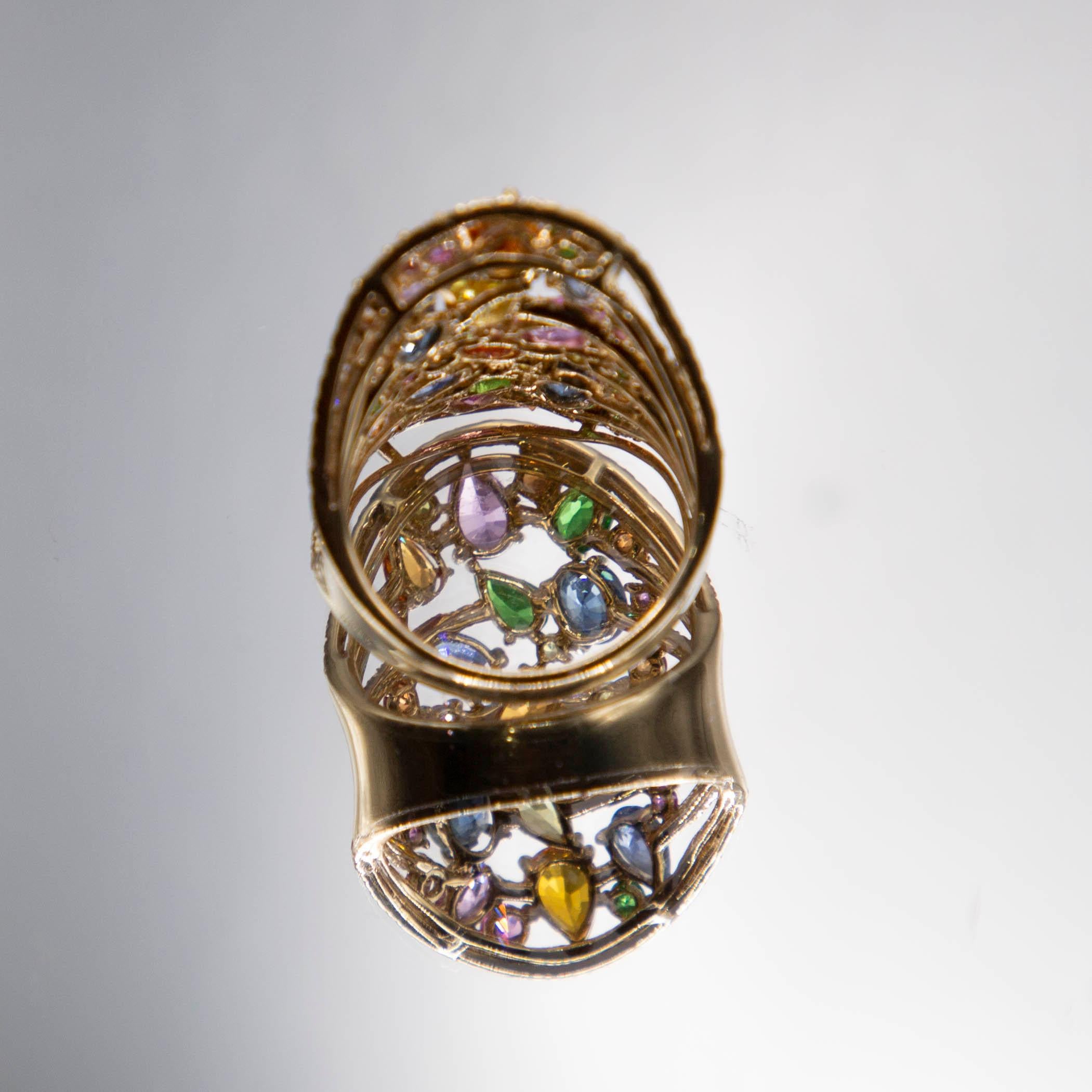 Modern 5.47 Carats Sapphire Array/ Tutti Frutti/ 0.62cts, Fine Diamonds 14k Yellow Ring For Sale