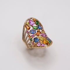 5.47 Carats Sapphire Array/ Tutti Frutti/ 0.62cts, Fine Diamonds 14k Yellow Ring