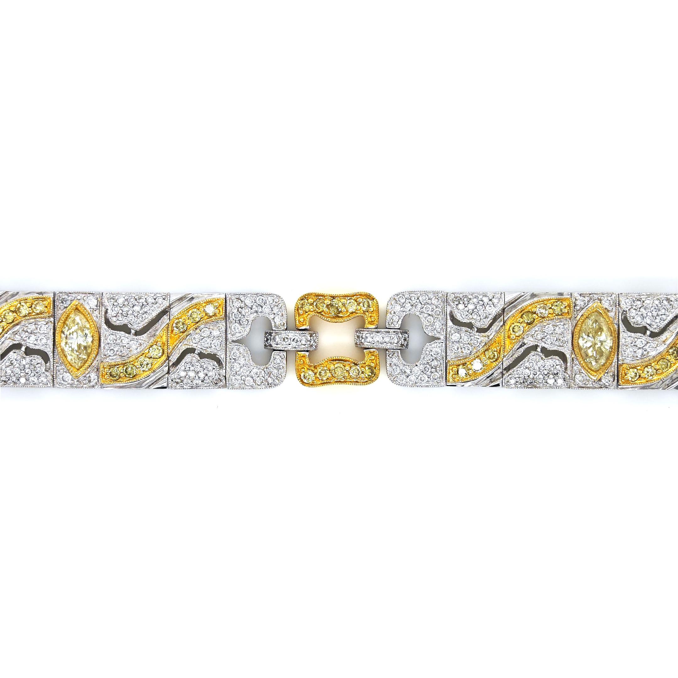 72 Yellow Diamonds: 1.48 Carats
3 Yellow Diamonds: 1.58 Carats
402 White Diamonds: 2.41 Carats
Metal: 18K White and Yellow Gold, 39.30 Grams