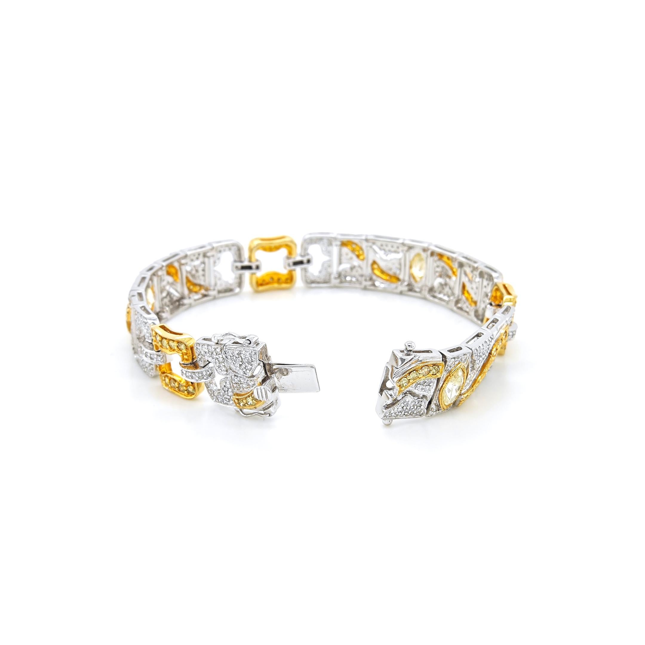 Mixed Cut 5.47 Carats Yellow and White Diamond Yellow and White Gold Bracelet For Sale