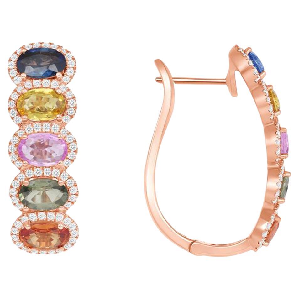 5.47 CT Multi Color Sapphire in 14K Rose Gold Hoop Earrings For Sale