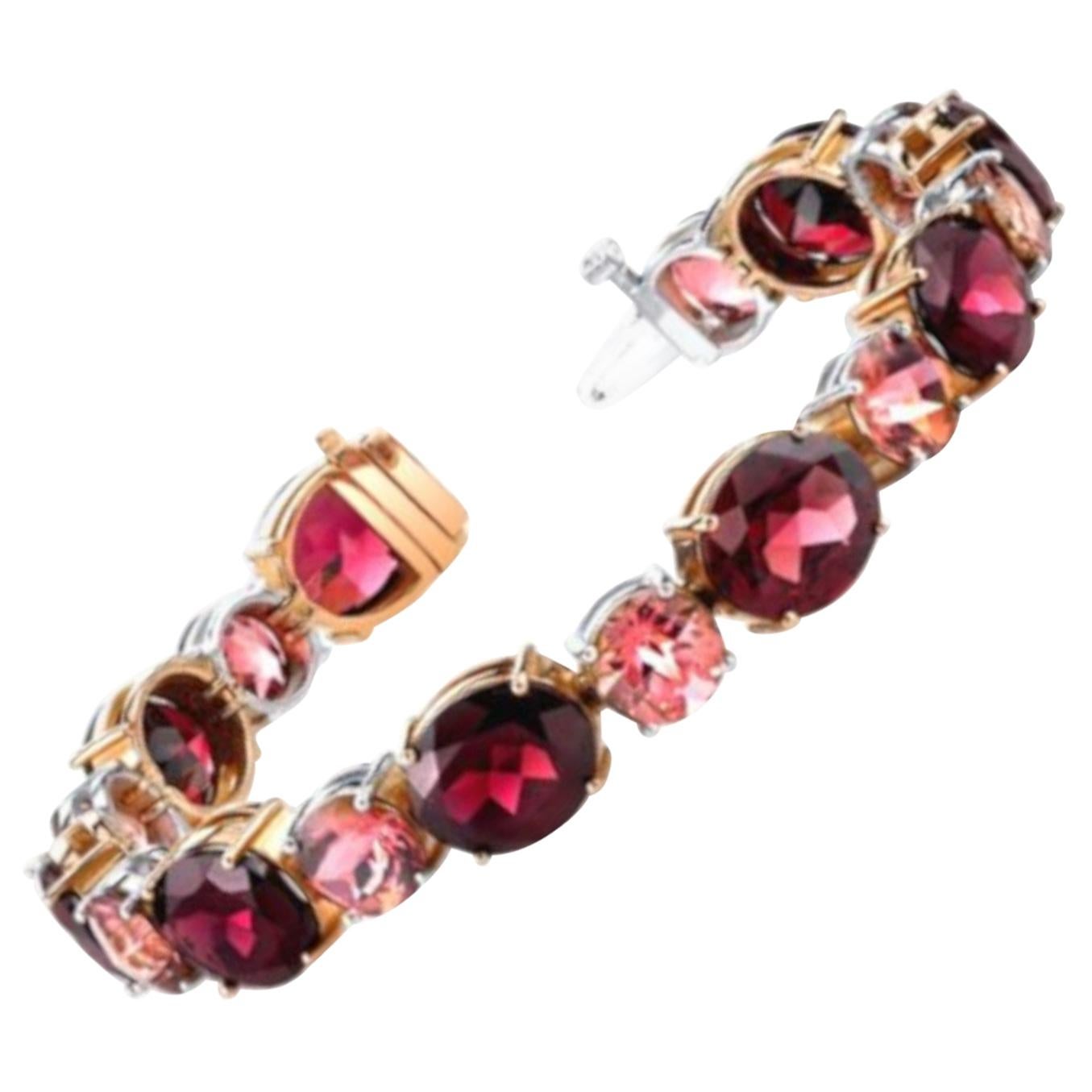 Rhodolite Garnet & Pink Tourmaline, Gold Tennis Bracelet, 70.92 Carats Total 