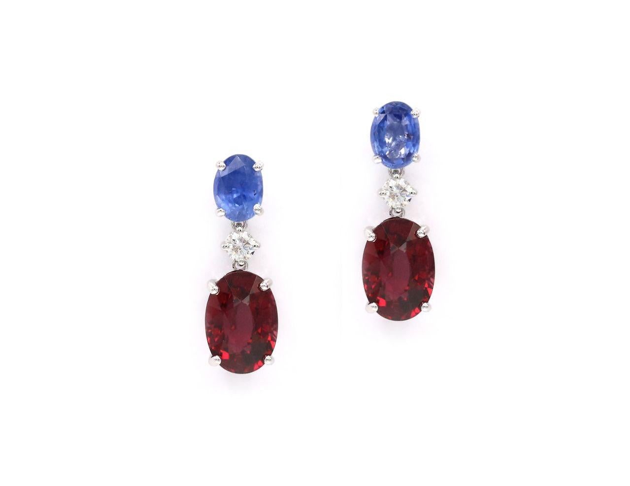 Women's or Men's 5.47 Carat Red Garnet Cornflower Blue Sapphire Diamond 18 K White Gold Earrings
