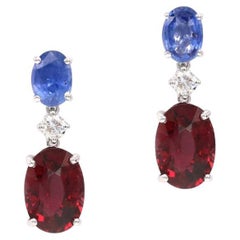 5.47 Carat Red Garnet Cornflower Blue Sapphire Diamond 18 K White Gold Earrings