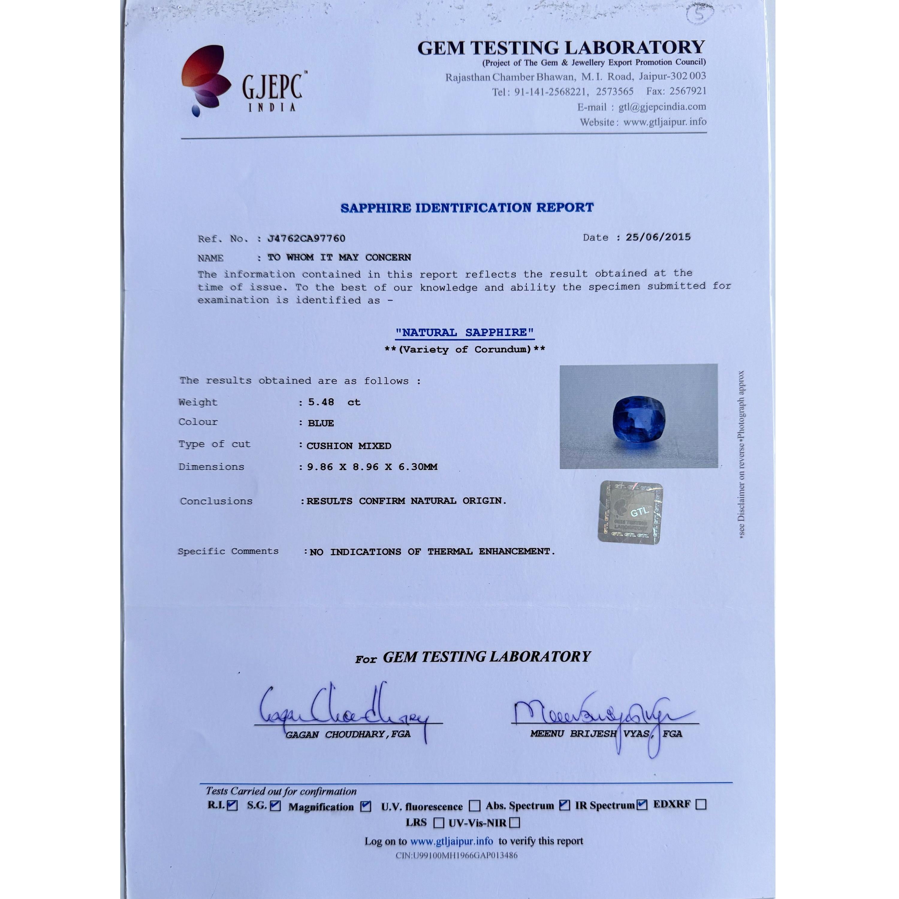 Prepare to be captivated by the sheer magnificence of a 5.48 carat Ceylon Sri Lanka Natural Blue Sapphire, masterfully cut into a luxurious cushion shape measuring 8.96 by 9.86 by 6.30 millimeters. This extraordinary gemstone originates from the