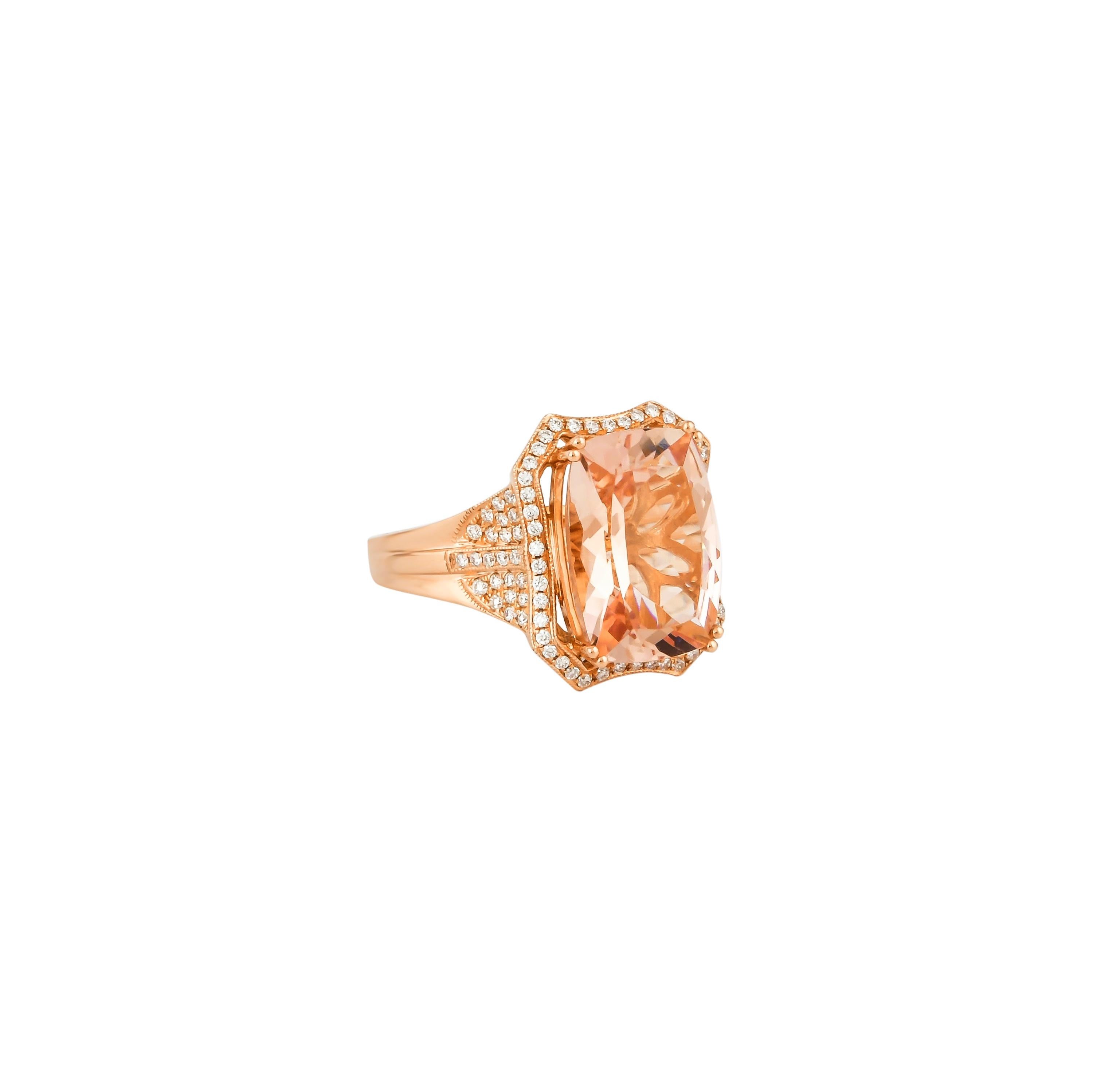 This collection features an array of magnificent morganites! Accented with diamonds these rings are made in rose gold and present a classic yet elegant look. 

Classic morganite ring in 18K rose gold with diamonds. 

Morganite: 5.48 carat cushion