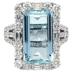 5.48 Carat Emerald Cut Aquamarine Diamond Cocktail Ring