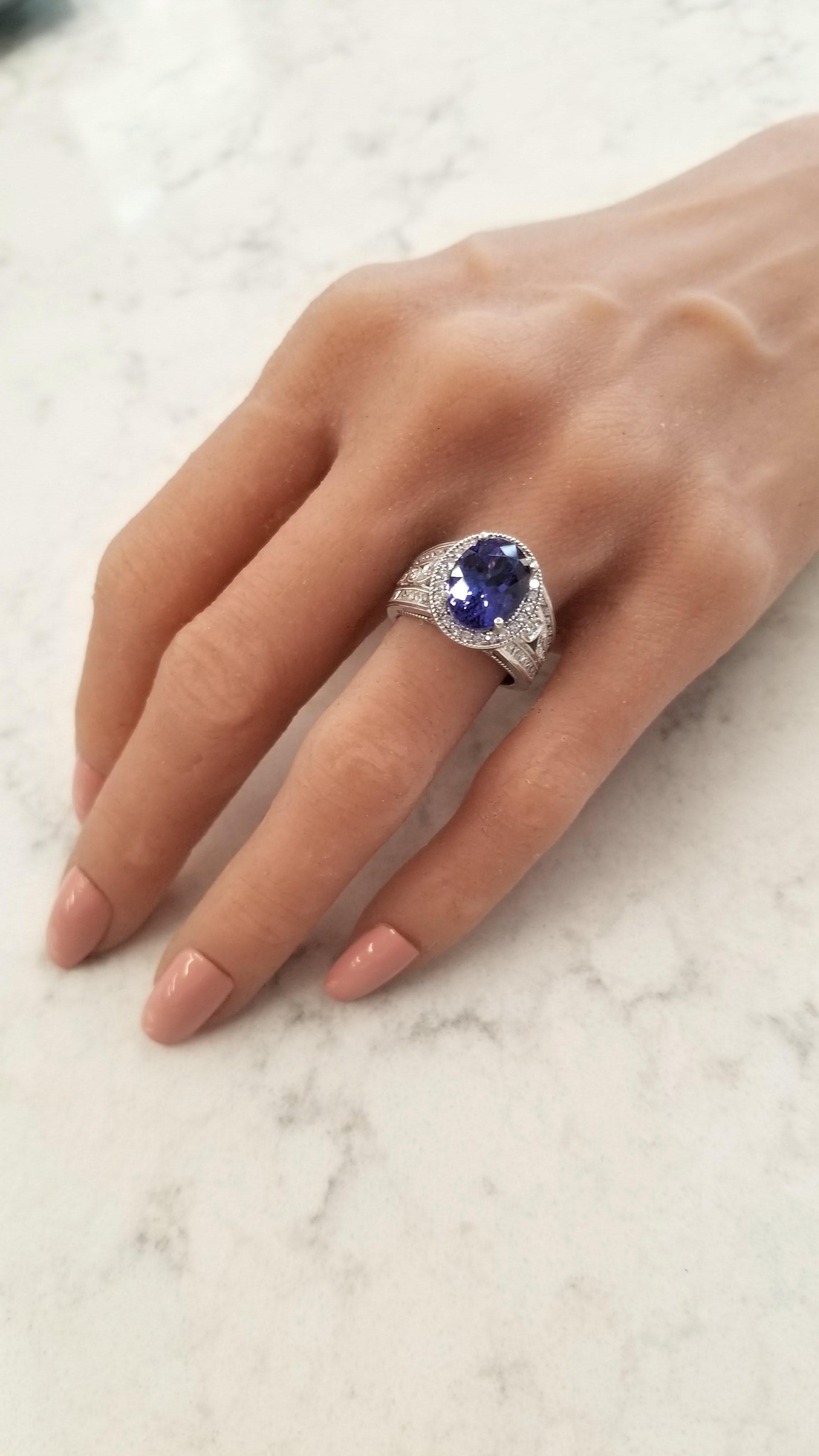 Oval Cut 5.48 Carat Oval Tanzanite and Diamond Cocktail Ring in 18 Karat White Gold