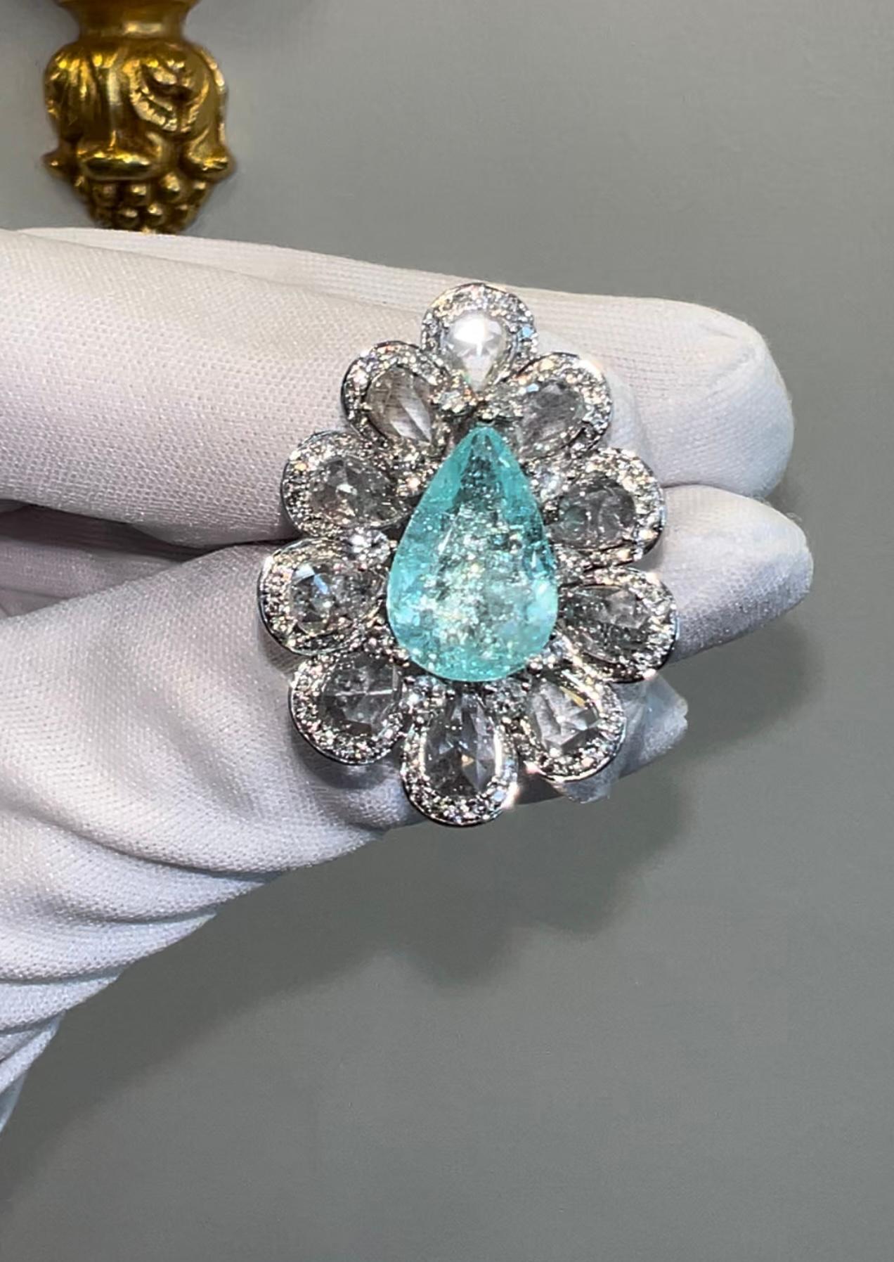 Bague cocktail avec tourmaline Paraiba en forme de poire de 5,48 carats et diamant rond de taille rose en vente 4