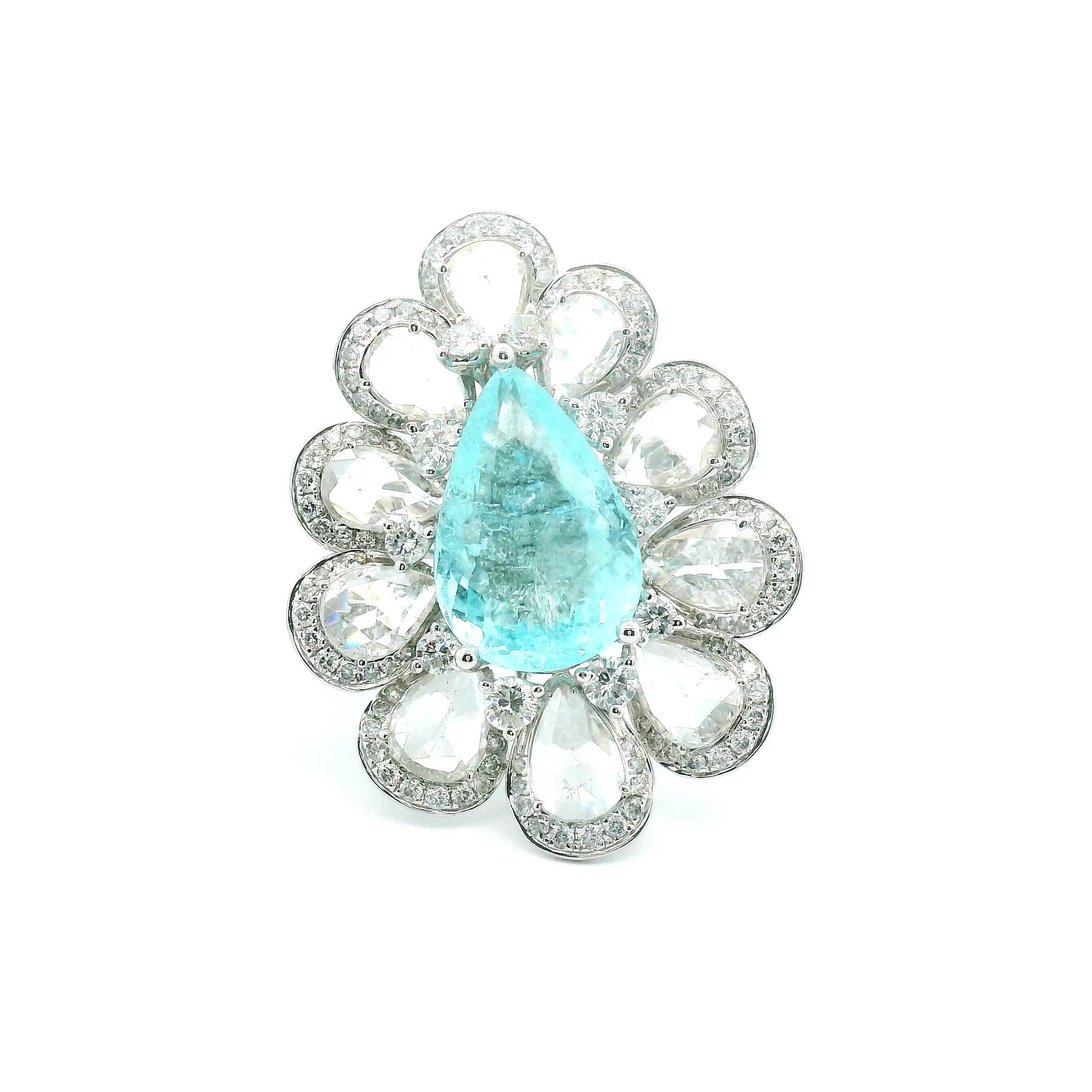Bague cocktail avec tourmaline Paraiba en forme de poire de 5,48 carats et diamant rond de taille rose Neuf - En vente à Great Neck, NY