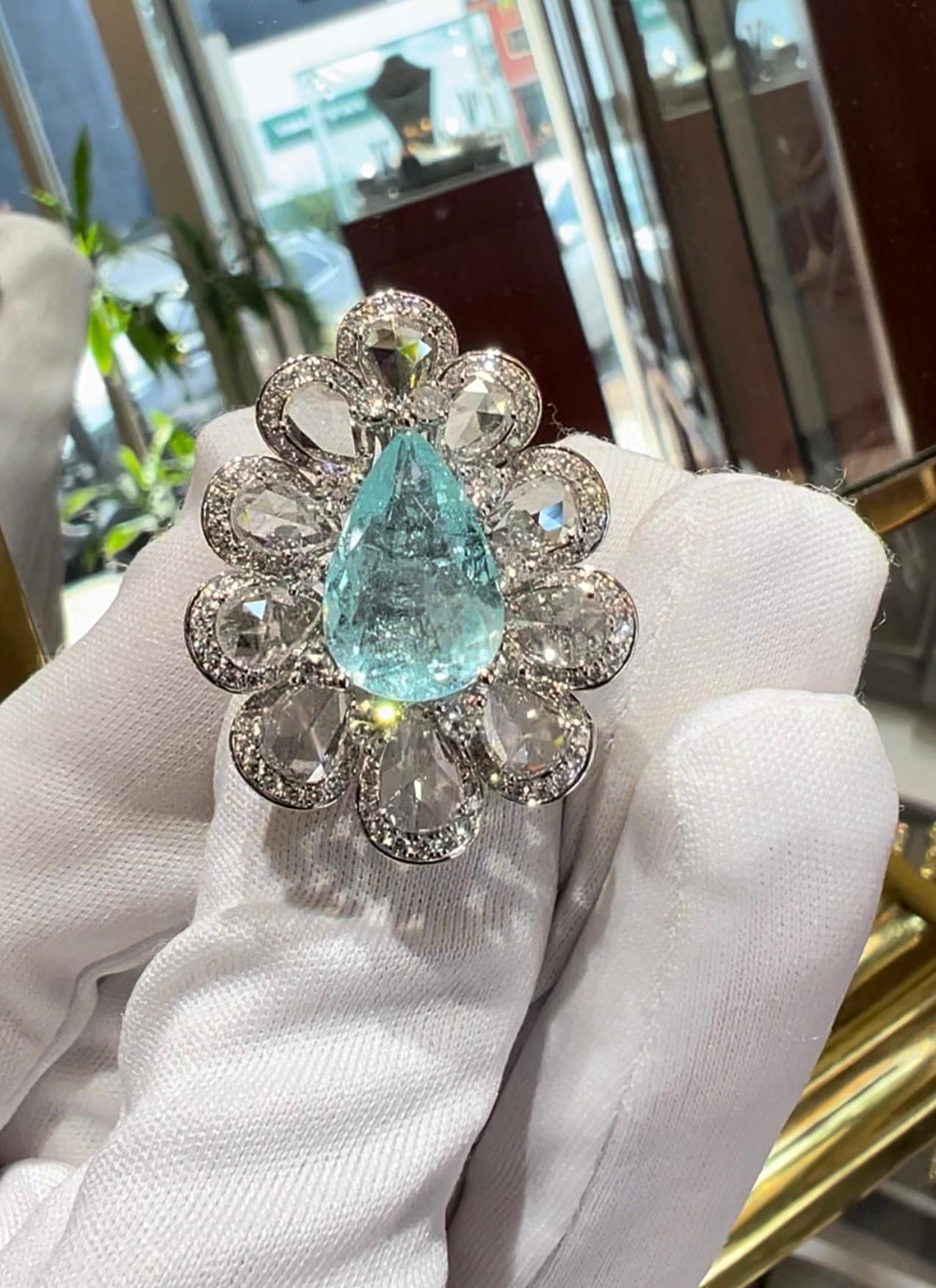 Bague cocktail avec tourmaline Paraiba en forme de poire de 5,48 carats et diamant rond de taille rose Pour femmes en vente