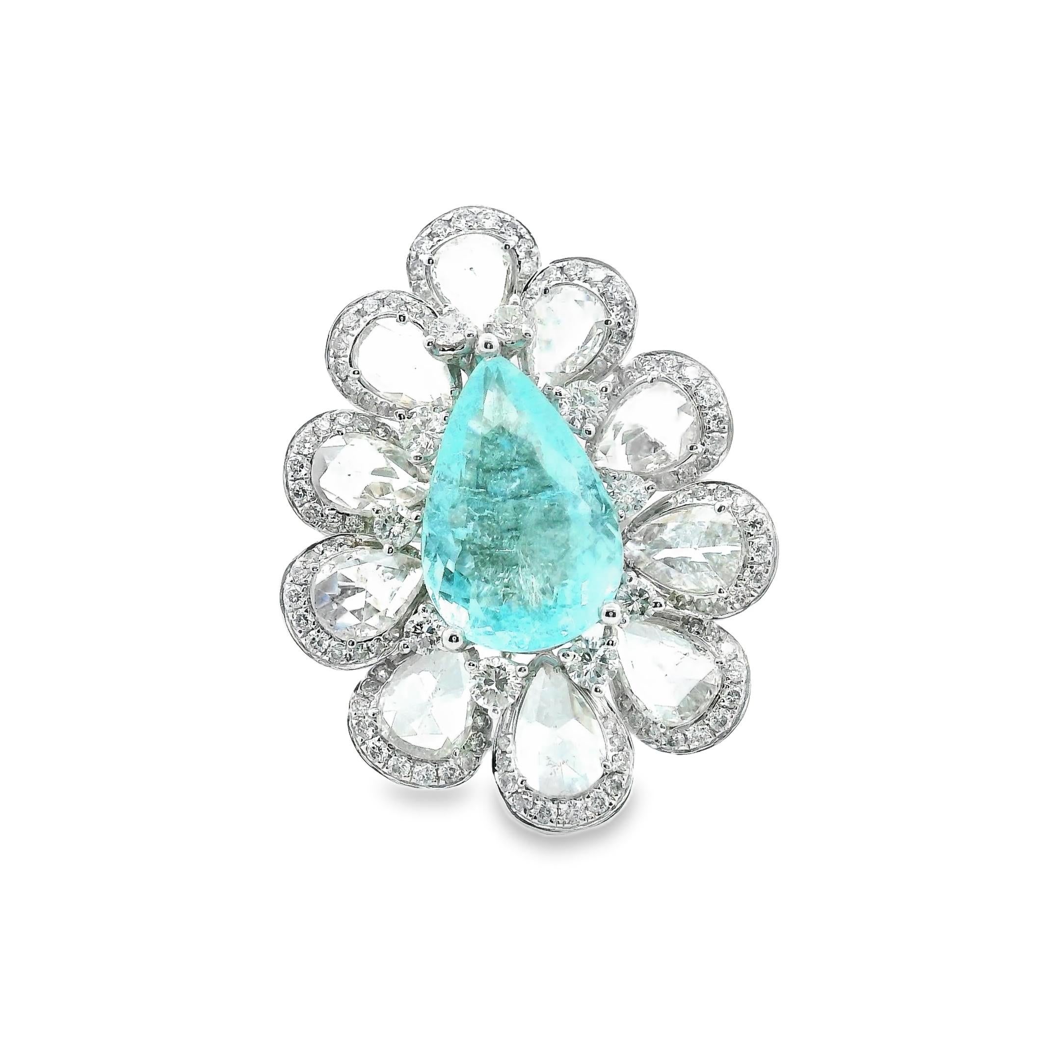 Bague cocktail avec tourmaline Paraiba en forme de poire de 5,48 carats et diamant rond de taille rose en vente 2
