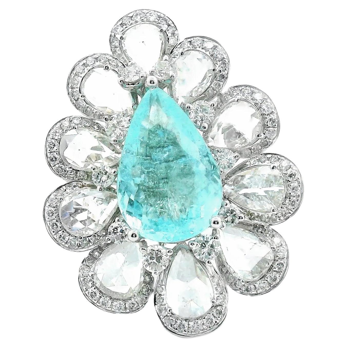 5.48 Carat Pear Shape Paraiba Tourmaline Rosecut Round Diamond Cocktail Ring