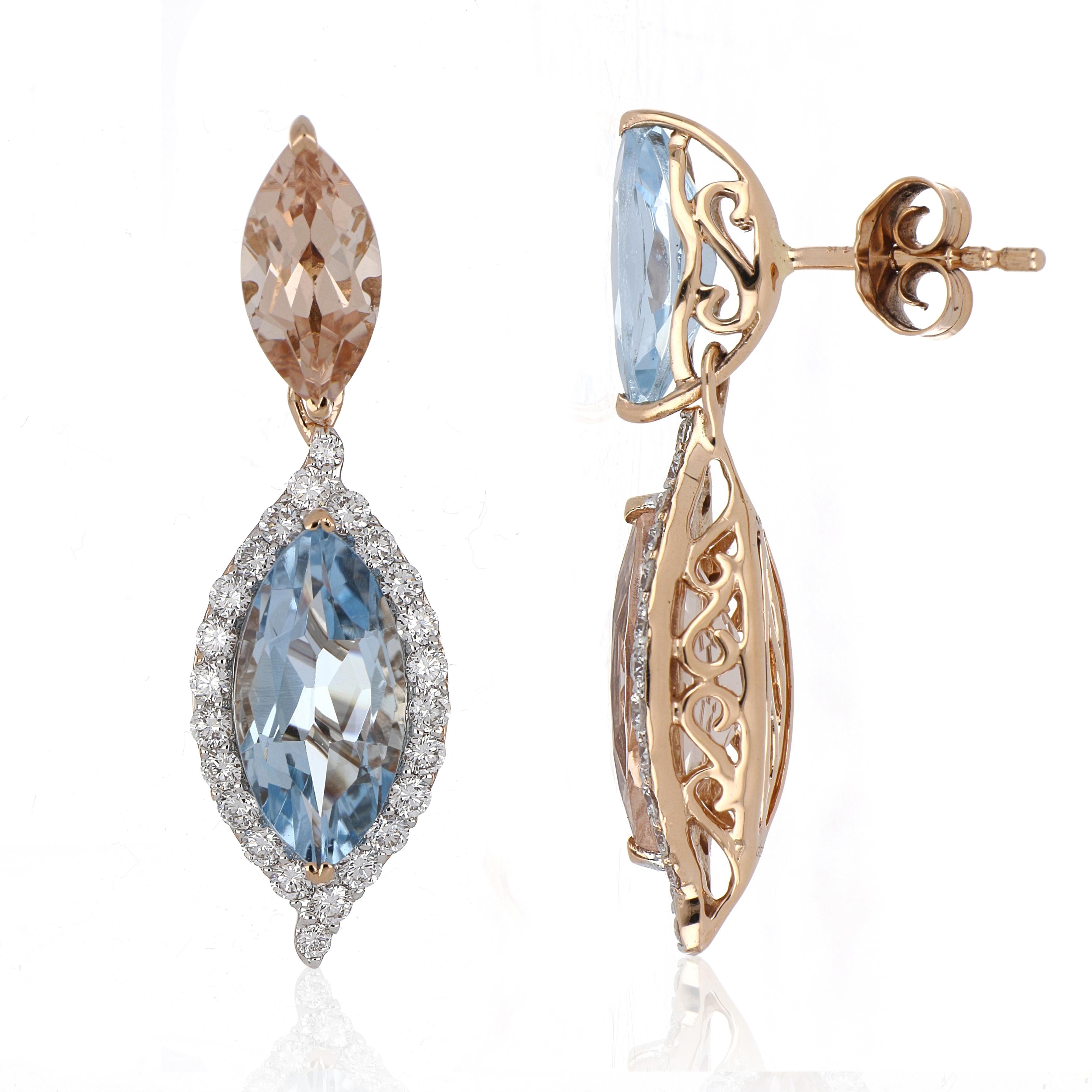 Elegant and Exquisitely detailed Mismatched pair of Dangling Gold Earrings, set with 2.65 Cts. (total ) Aquamarine, 2.83 Cts (total)  Morganite, accented with Diamonds, weighing approx. 0.68 Cts. total carat weight.  Beautifully Hand crafted in 18